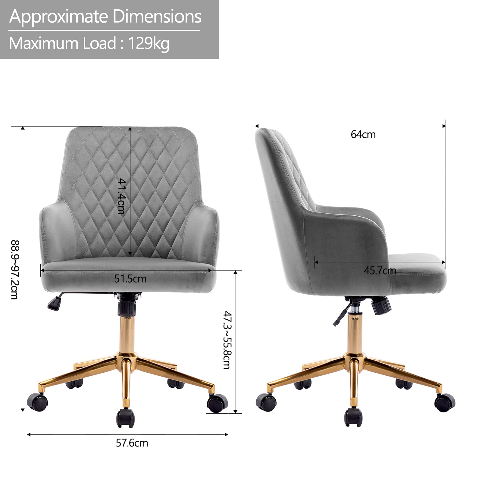 DUHOME Velvet Home Office Chair with Adjustable Arms, Swivel & Wheels - Ergonomic Upholstered Desk Chair for Computer Work, Gaming, Study - Perfect for Office, Living Room & Bedroom - Grey with Golden Base