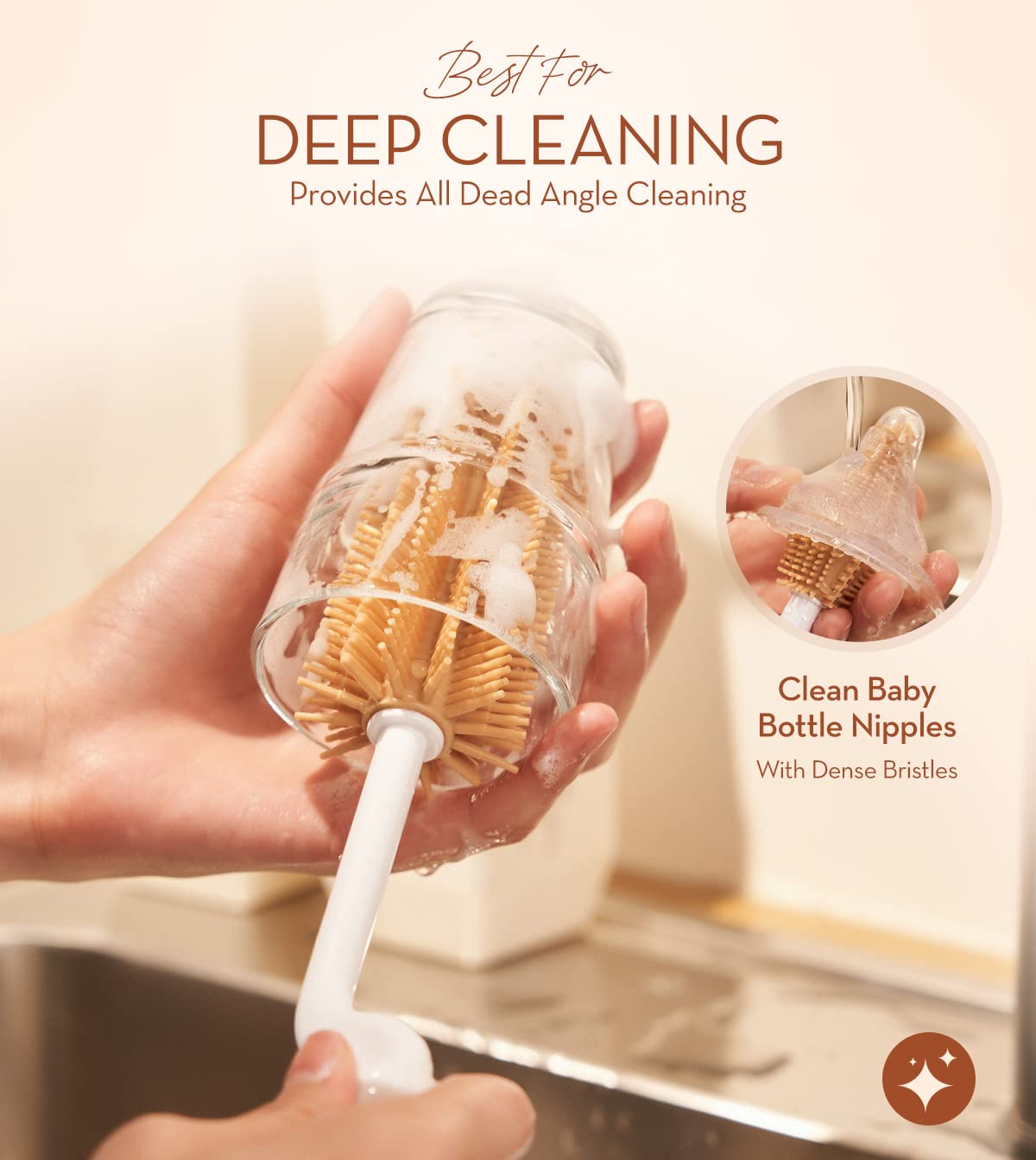 MOTHER-K Rotating Silicone Bottle Brush Set - 2-in-1 Cleaning Brush for Baby Bottles, Sports Water Bottles, Vases & Glassware - Safe & Durable Brown Silicone Scrubber for Easy Cleaning at Home or Travel