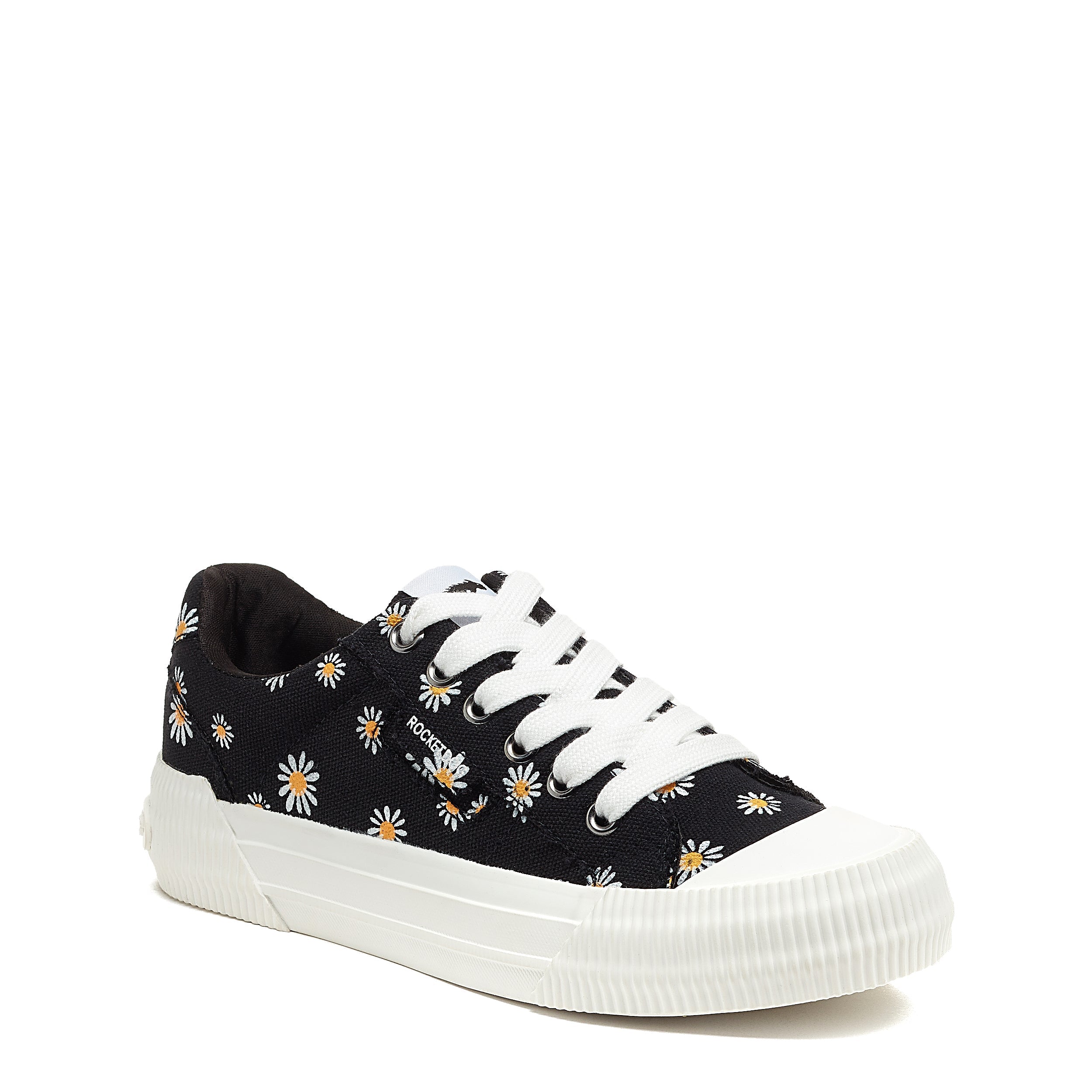 Cheery Daisy Print Black Sneakers - Women's Casual Comfortable Walking Shoes for Outdoor, Work & Everyday Wear