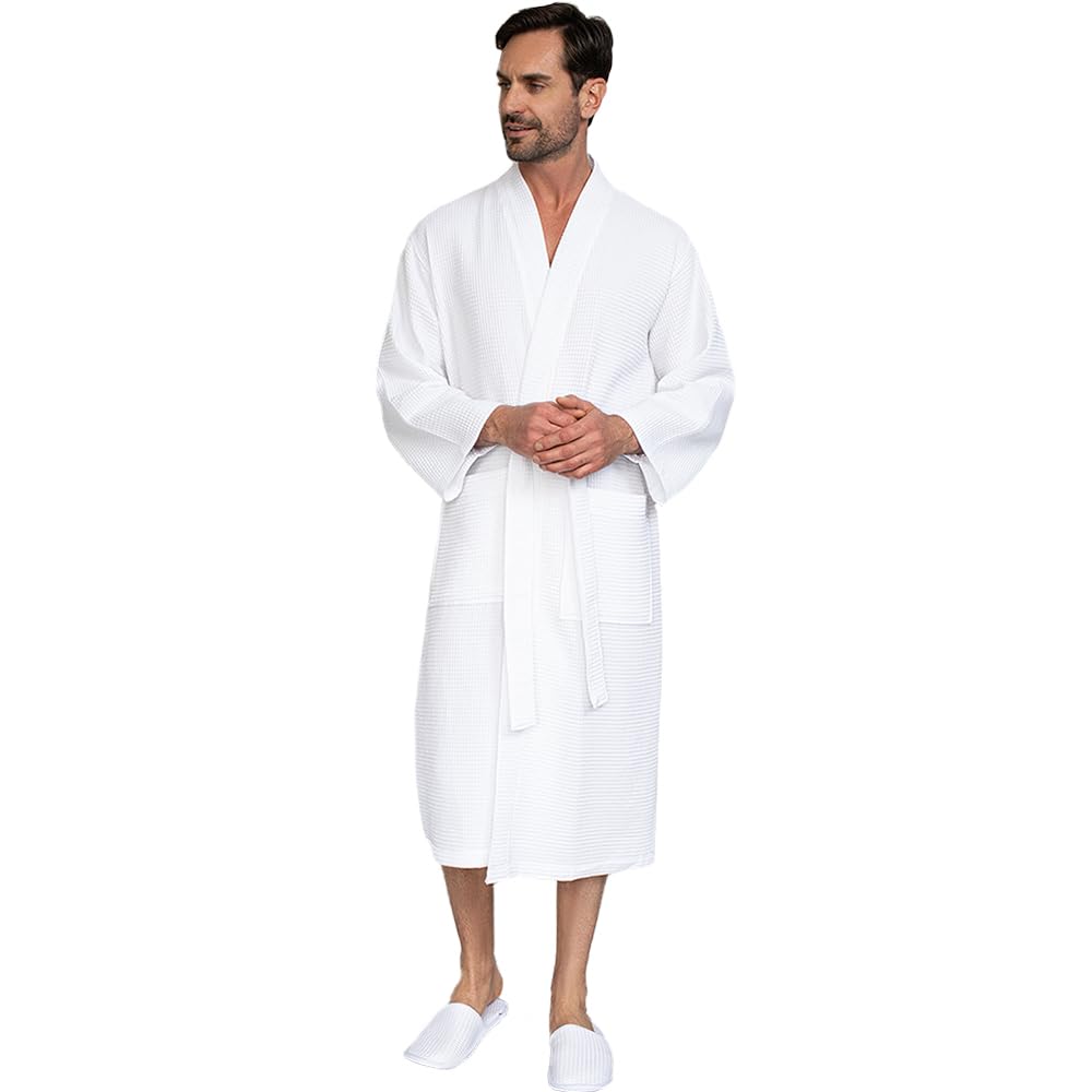 Luxury Soft Waffle Weave Cotton Bathrobe for Men - Premium SPA Lotus Linen Robe - Perfect for Relaxation, Lounging & After Shower Comfort