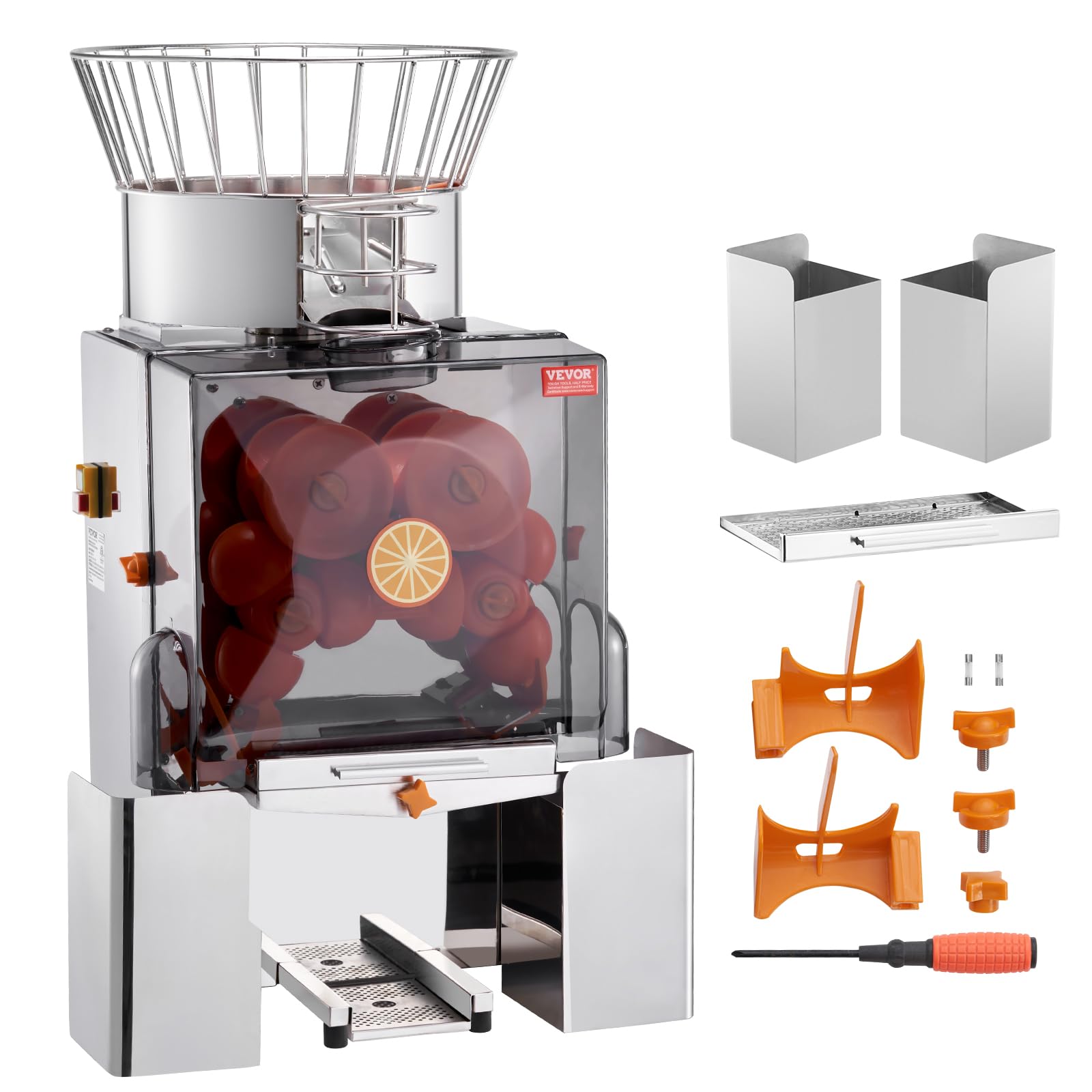VEVOR Commercial Orange Juicer Machine - 120W Automatic Feeding Juice Extractor with Stainless Steel Construction, Pull-Out Filter Box & 2 Peel Buckets - High Capacity 25 Oranges/Min for Restaurants, Juice Bars & Catering Services
