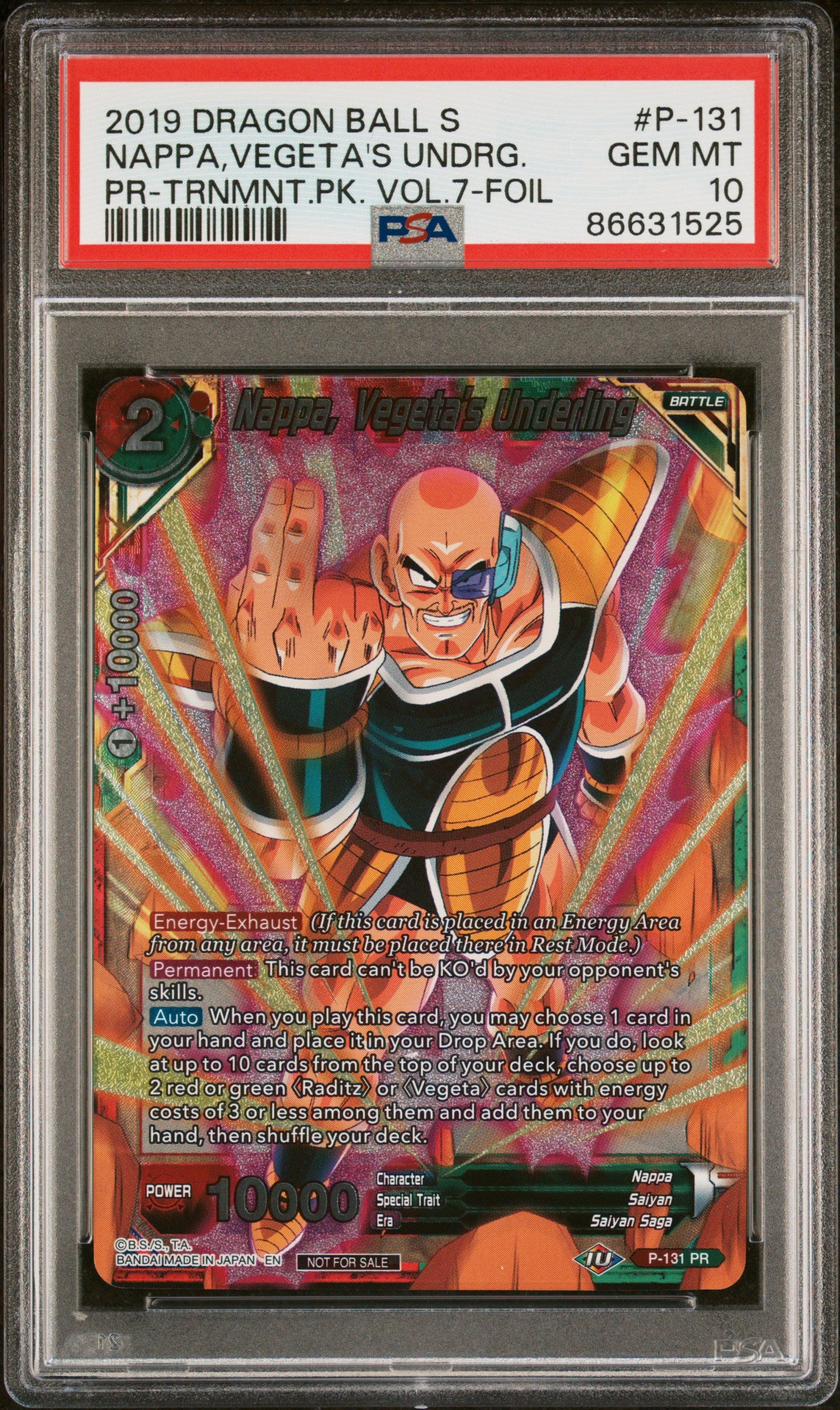 2019 Dragon Ball Super Nappa Vegeta's Underling #P131 PSA 10 Graded Card - Perfect for Anime Collectors & Dragon Ball Z Fans Display
