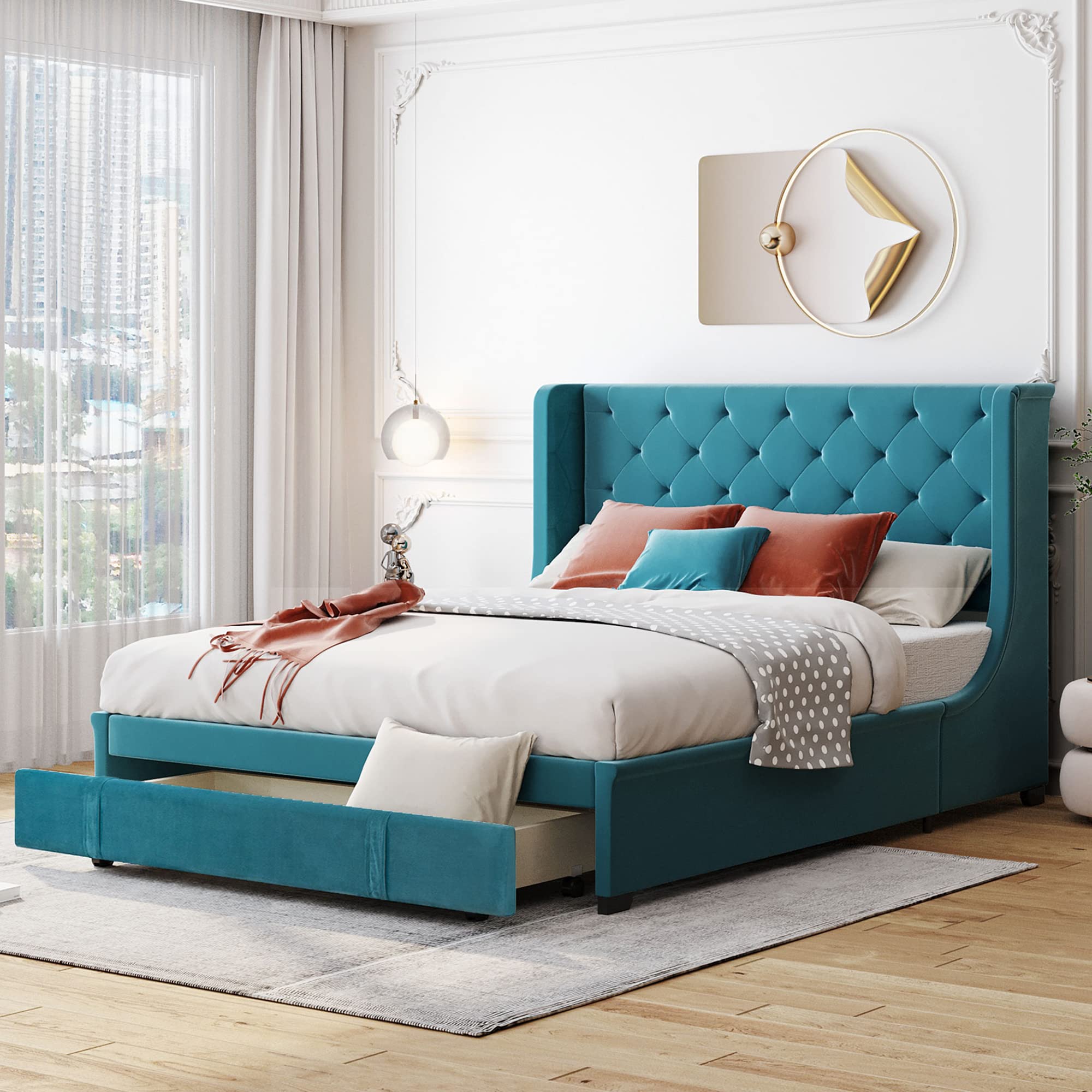 Luxury Velvet Upholstered Platform Bed Frame with Wingback Headboard & Storage Drawer - Queen Size Blue Bedroom Furniture for Modern Homes | No Box Spring Needed, Easy Assembly, Sturdy Slat Support System | Perfect for Master Bedrooms, Guest Rooms & Small Space Apartments