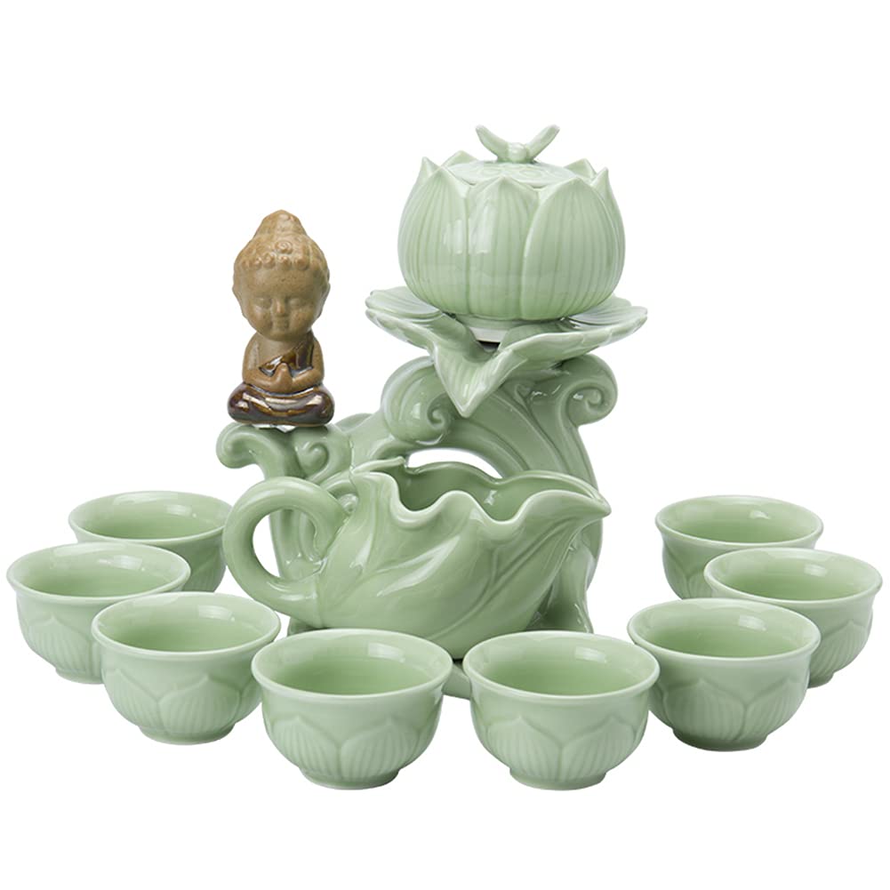 Premium Lotus Semi-Automatic Stone Mill Teapot Set with Strainer - 8-Piece Kung Fu Tea Ceremony Gift Set for Adults (Buddha Ornaments Included) - Perfect for Zen Meditation, Home Decor & Thoughtful Gifting