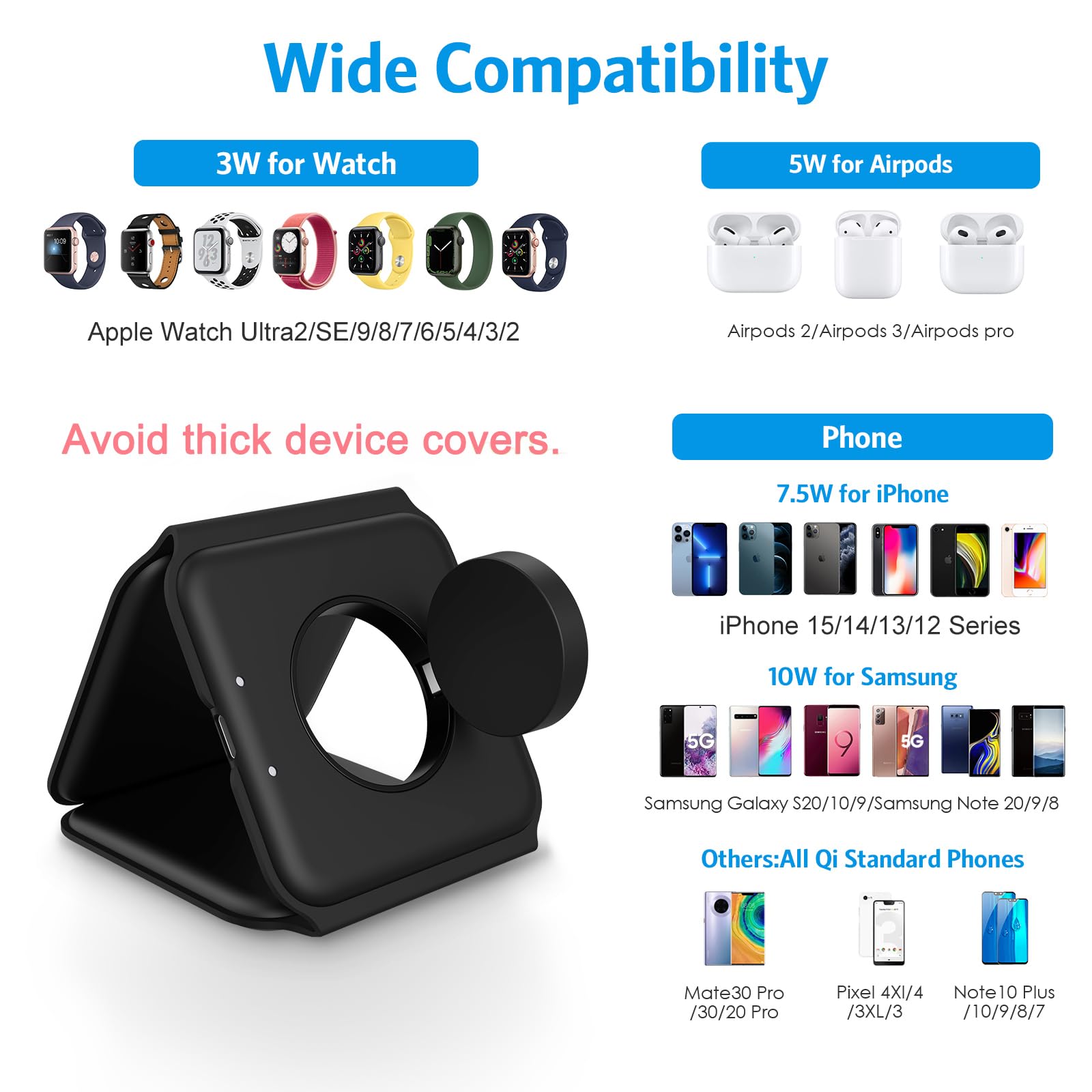 Criacr 3-in-1 Magnetic Wireless Charging Station - Fast Foldable Charger for iPhone 14/13/12 Series, Apple Watch & AirPods Pro (Black) | Perfect for Home, Office & Travel | No Adapter Included