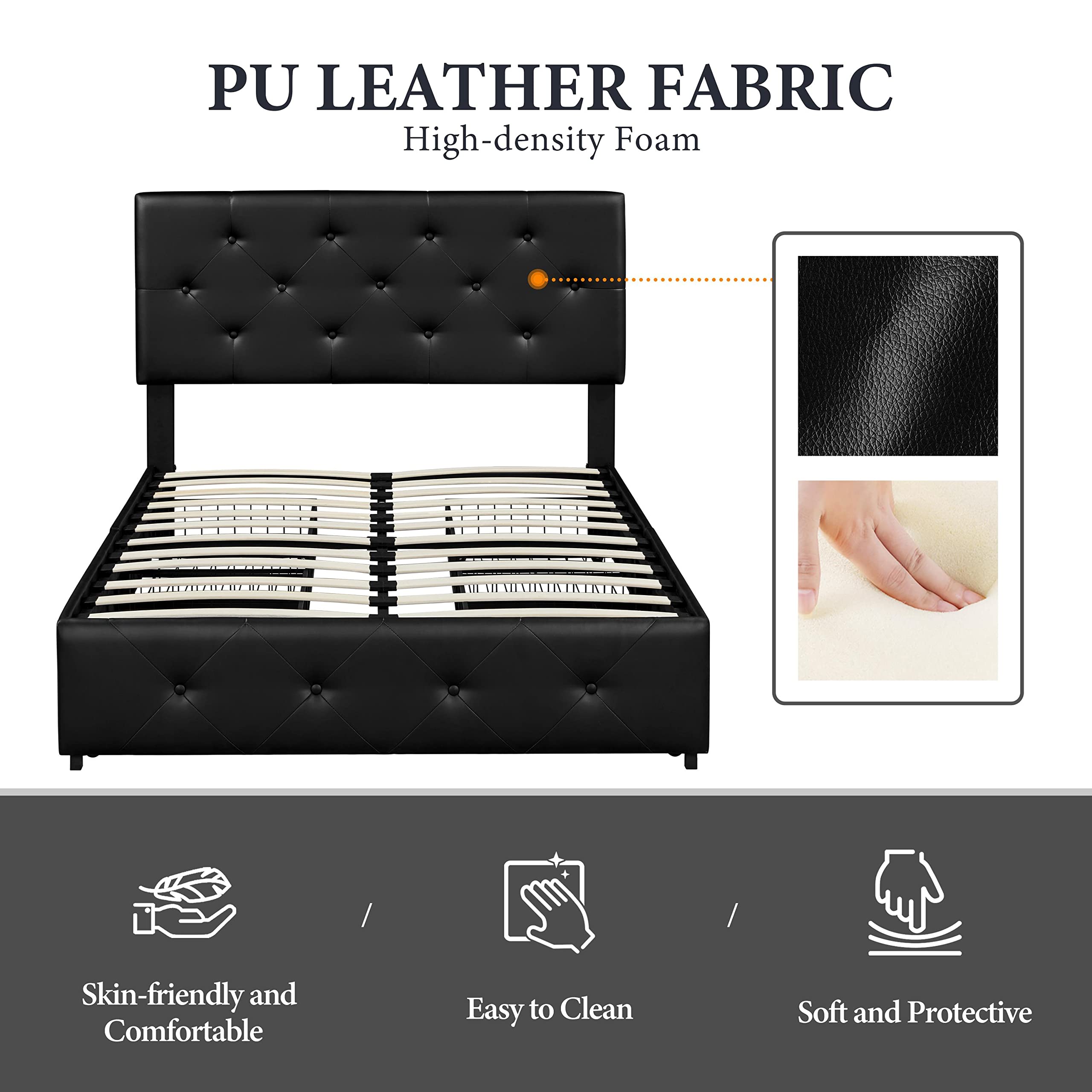 Yaheetech Full Size Upholstered Bed Frame with 4 Storage Drawers - Adjustable Headboard, Faux Leather Platform Bed with Wooden Slats Support - No Box Spring Needed - Black (Perfect for Small Bedrooms & Guest Rooms with Storage Needs)