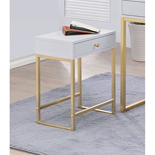 Acme Coleen 1-Drawer Metal Tube End Table in White and Brass - Modern Nightstand for Bedroom, Living Room & Office