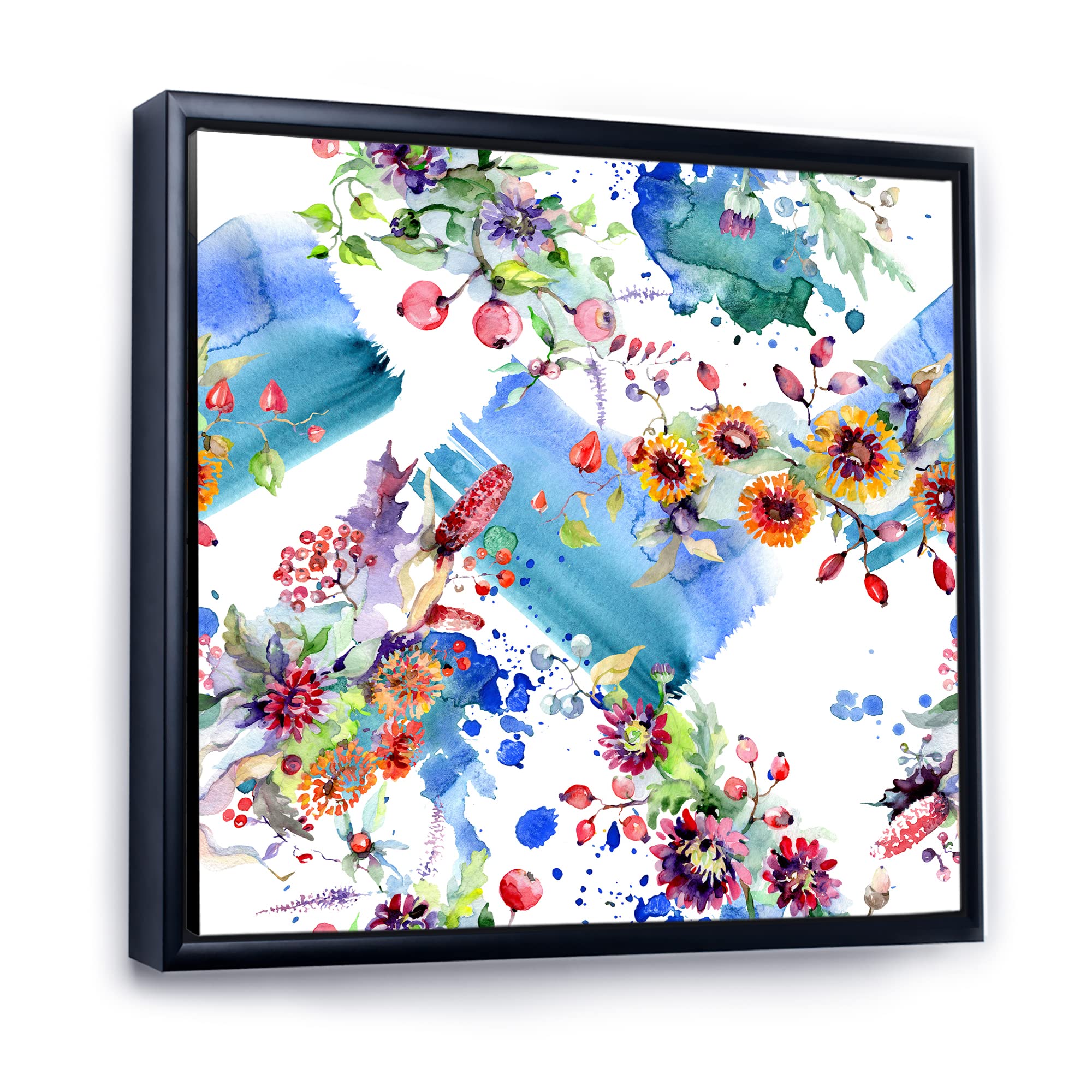 DesignQ Vibrant Wild Spring Leaves & Flowers IX - Modern Framed Canvas Wall Art Print for Living Room, Bedroom & Office Decor