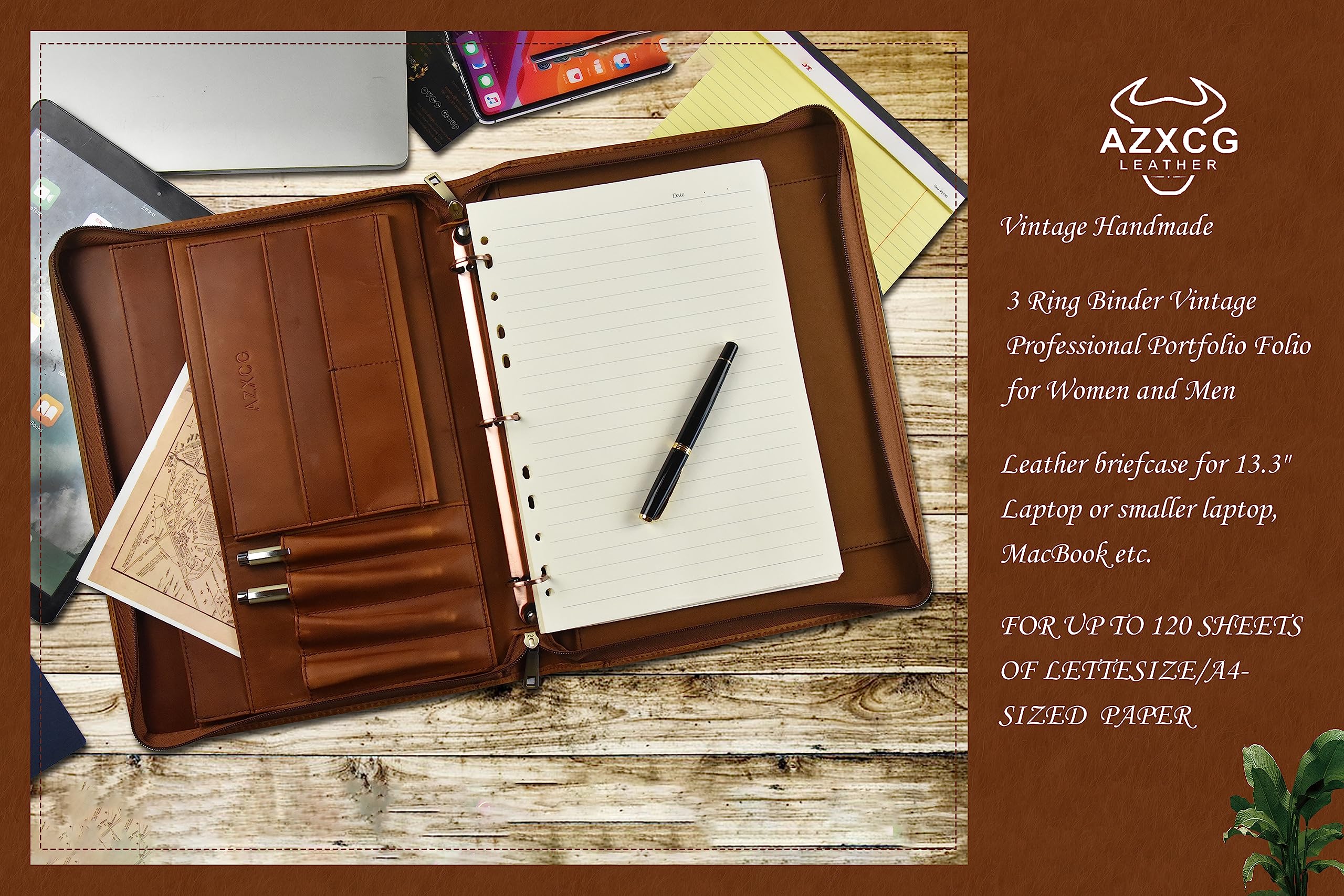 Premium Genuine Leather Business Portfolio for Men - Professional Zippered Padfolio Organizer with 3-Ring Binder, Pen Holder & Card Slots | Perfect for iPad & Kindle Fire | Ideal for Office Meetings, Business Travel & Presentations