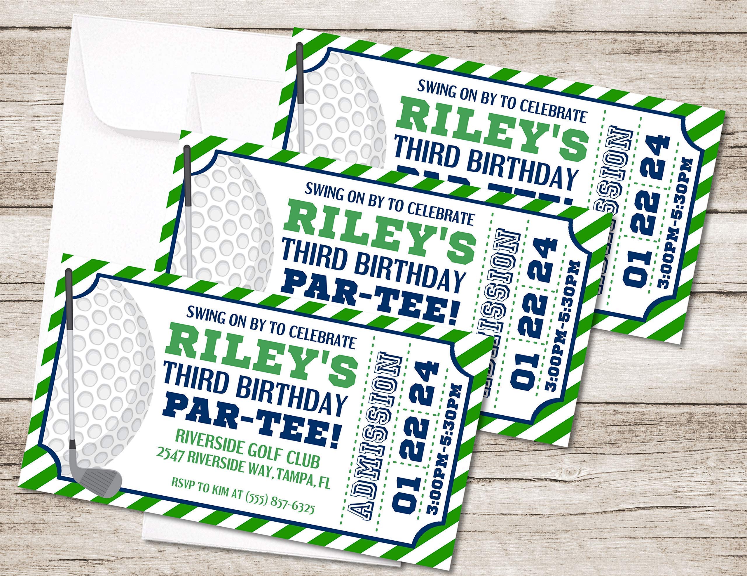 Golf Birthday Invitation Cards with Envelopes - Green & Blue Ticket Style Golf Party Supplies for Men's 50th Birthday, Retirement Celebration & Golf Tournament Events