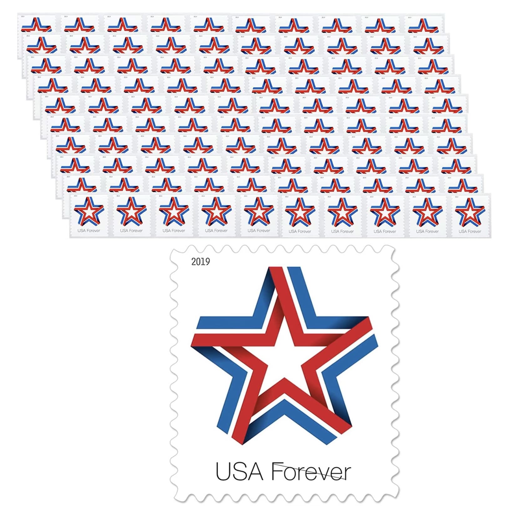 100 Forever First Class USPS Postage Stamps with Star Ribbon Design - Perfect for Mailing Letters, Greeting Cards & Wedding Invitations