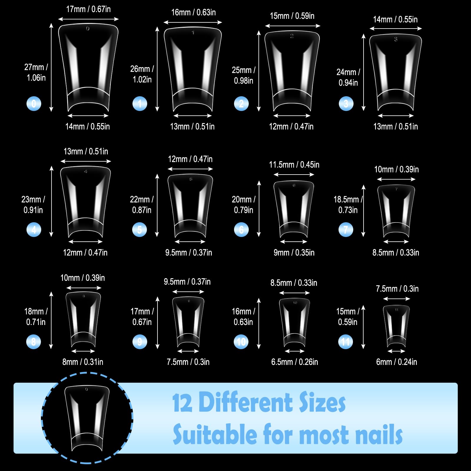 SIUSIO 600pcs Medium Length Clear Duck Nail Tips - 12 Sizes Half Cover Wide French False Nails for Acrylic Extensions | Perfect for Salon Professionals & DIY Manicures at Home