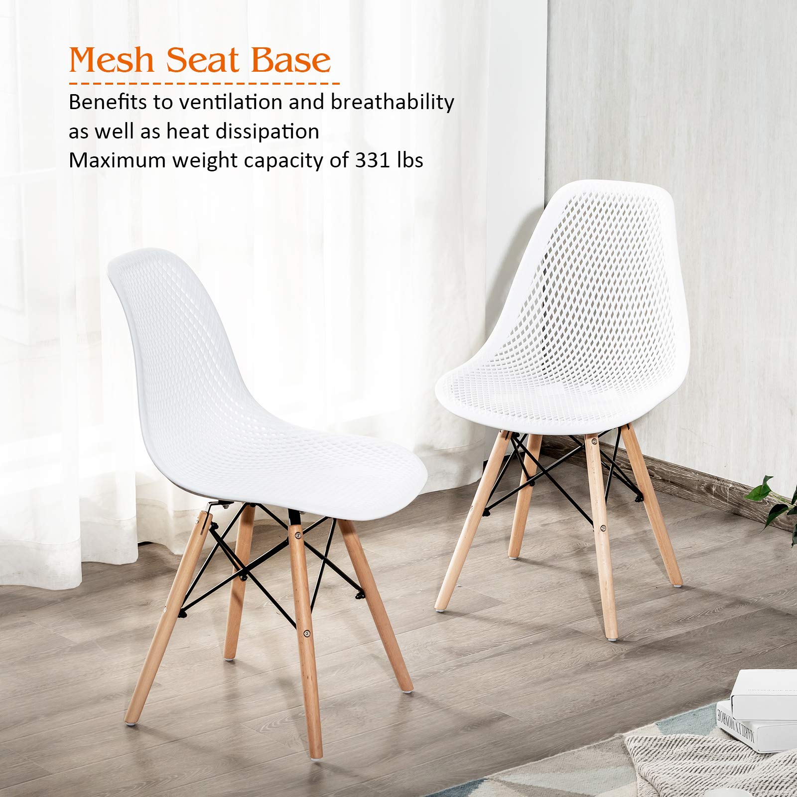 Giantex Set of 4 Modern Dining Chairs - Indoor/Outdoor Shell PP Lounge Side Chairs with Breathable Mesh Design & Sturdy Beech Wood Legs, Tulip-Style Leisure Chairs for Kitchen, Dining Room, Patio, or Office - White