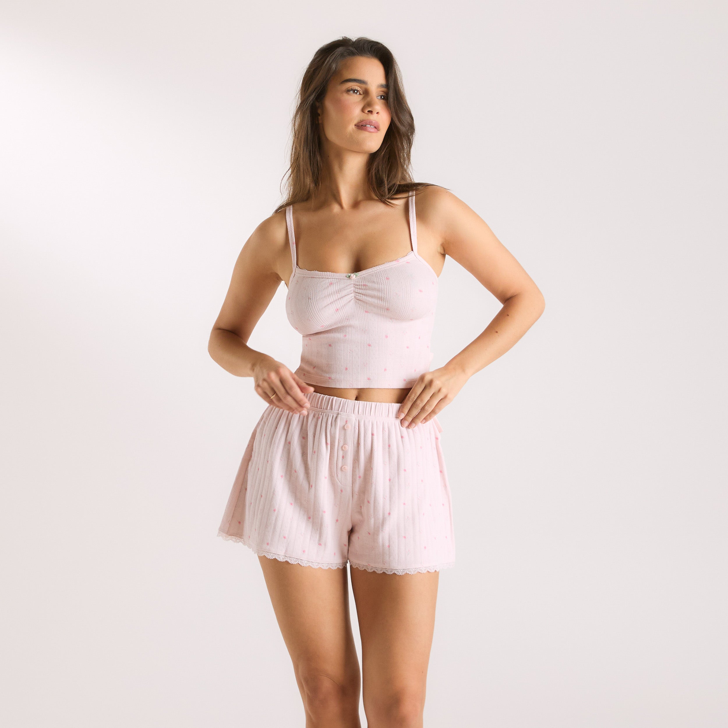 Pointelle Cami Pyjama Top - Women's Floral Lace Sleepwear Shirt for Comfortable Nightwear & Lounge Wear (Pink)