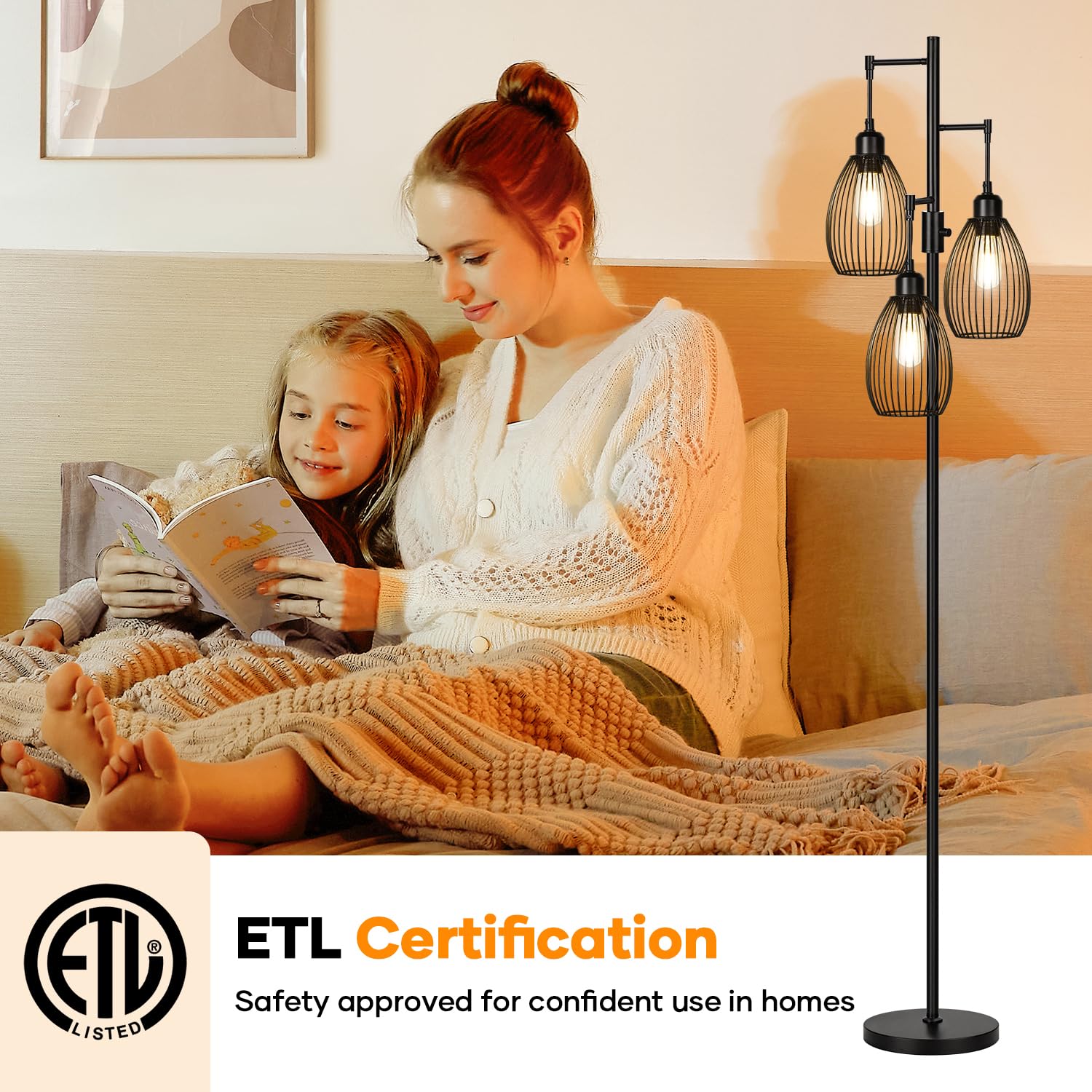 Dimmable Floor Lamp with 3 x 800LM LED Edison Bulbs - Industrial Farmhouse Standing Tree Lamp with Teardrop Cage - Tall Lighting for Living Room, Bedroom, Office & Dining Room - Black | Perfect for Reading, Relaxing & Home Decor