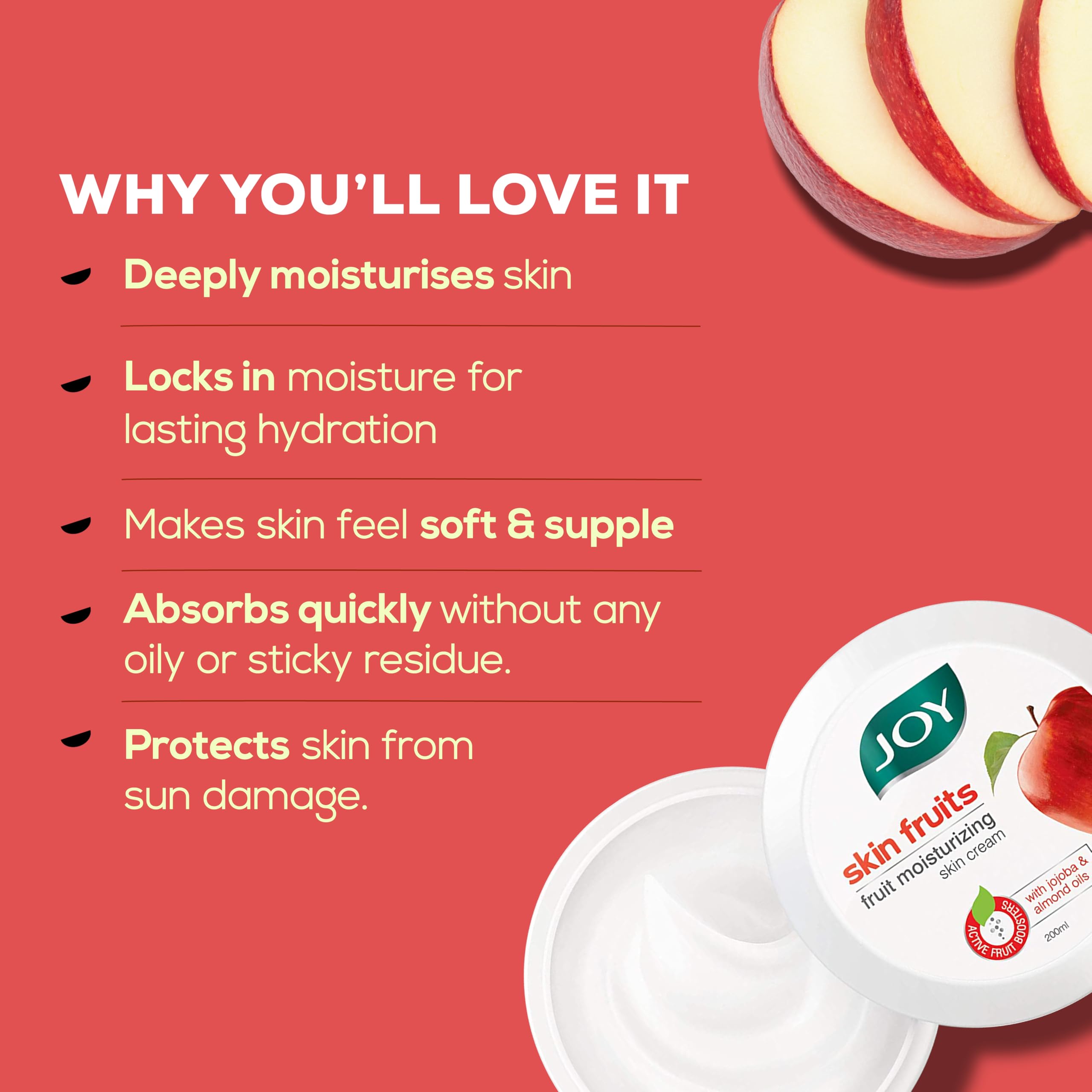 Joy Skin Fruits Moisturizing Cold Cream with Apple, Jojoba & Almond Oil (200ml) - Fast Absorbing, Non-Greasy Face, Hand & Body Moisturizer for Healthy, Soft & Glowing Skin | Perfect for Dry Skin Care, Night Routine & Daily Hydration
