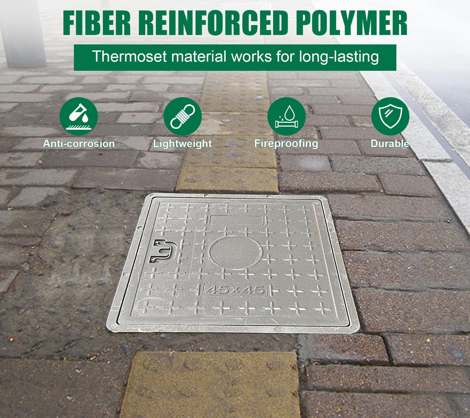 18x18in Fiberglass Manhole Cover & Frame - 14x14in Clear Opening, 16x16in Solid Top Cover - Reinforced Steel Septic Tank Lid with Handle - Durable Sewer Cover for Underground Utility Access & Drainage Systems