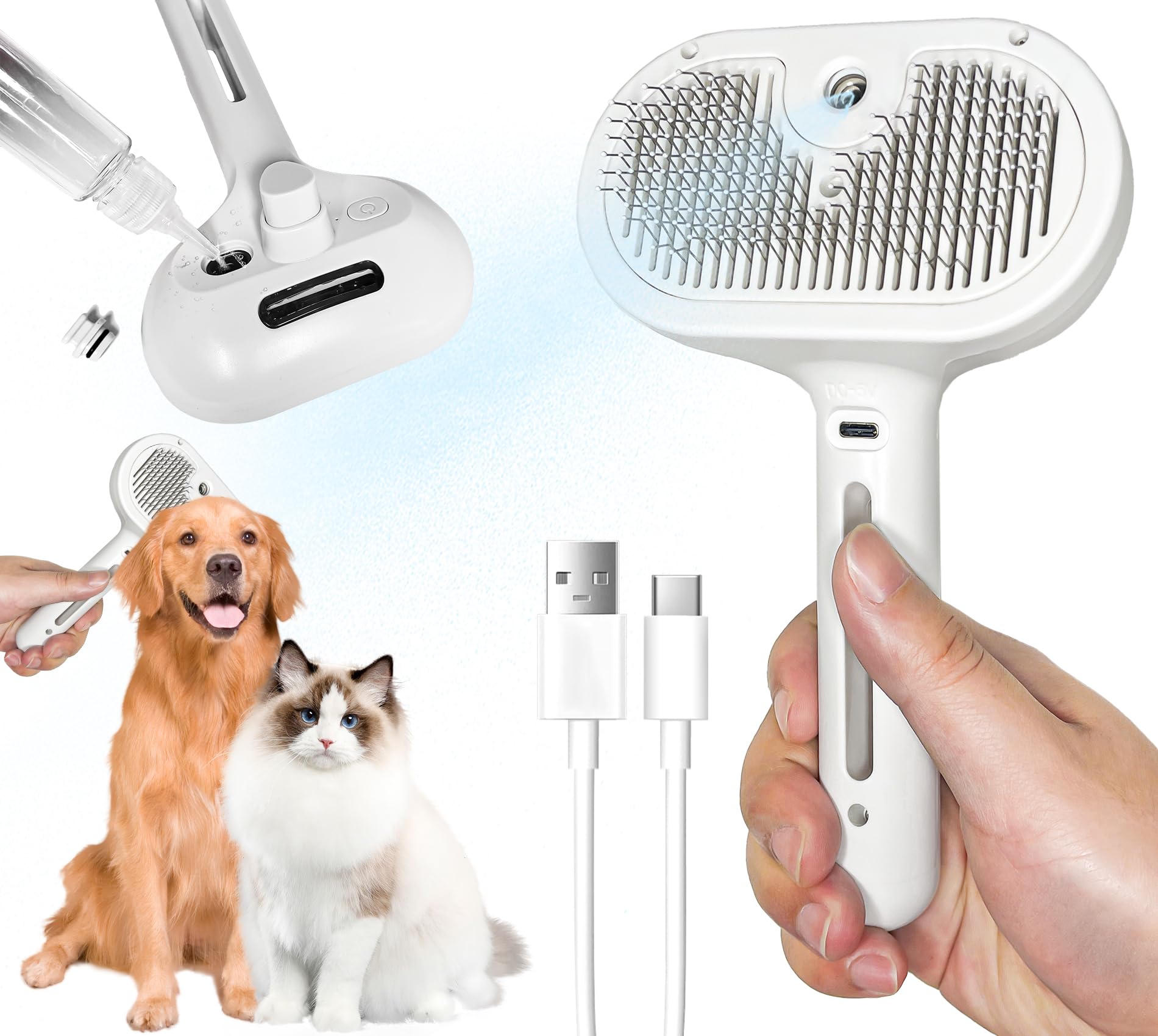 3-in-1 Cat Grooming Brush with Steam Function - Self Cleaning Slicker Brush for Shedding Control & Hair Removal - Perfect for Long/Short Haired Cats & Small Pets - Ideal for Home Grooming, Travel & Professional Pet Care