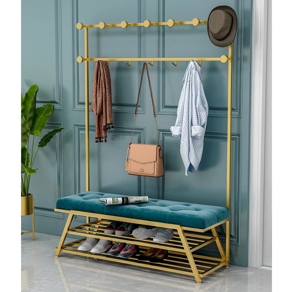 3-in-1 Industrial Hall Tree with Storage Shelves & Shoe Bench - Sturdy Coat Rack with Hooks for Entryway, Bedroom, Living Room - Easy Assembly (Blue, 60x35x175cm) - Perfect for Small Spaces & Organizing Shoes, Coats, Bags & Accessories