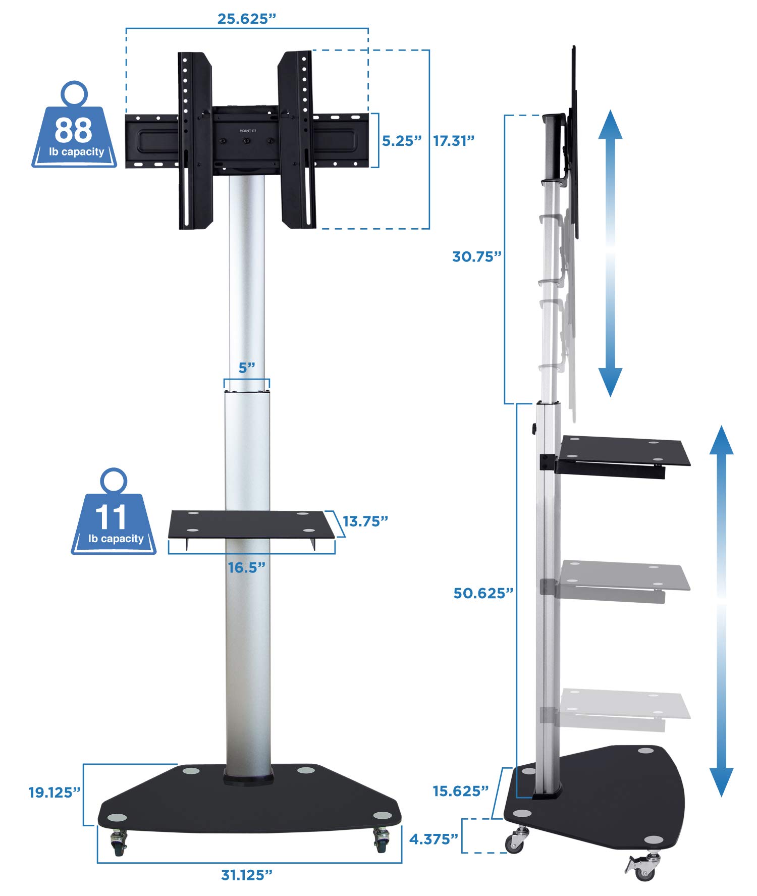 Mount-It! Adjustable Mobile TV Cart Stand for 37-70 Inch Flat Screens - Heavy Duty Rolling TV Stand with Component Shelf & Locking Casters, Supports VESA 200x200 to 600x400 & 110 lbs - Perfect for Living Rooms, Classrooms & Conference Rooms (MI-1875)