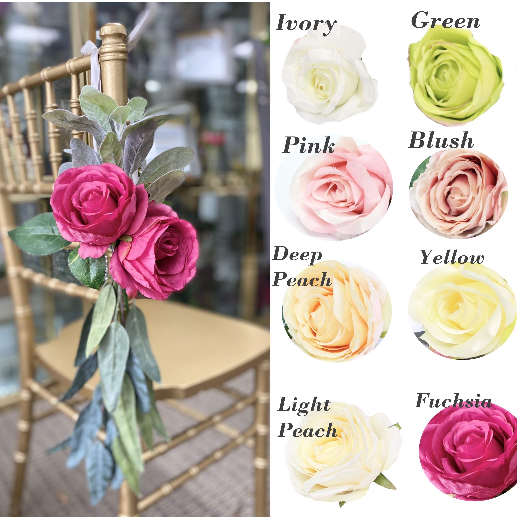 Artificial Rose Flowers - Soft Yellow Lambs Ear & Eucalyptus for Church Pew Decor, Wedding Aisle Markers, Chair Decorations, and Arch Displays | Angel Isabella LLC