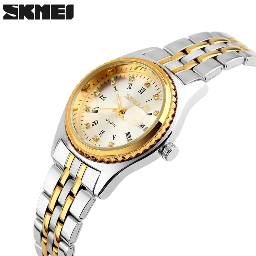 SKMEI Women's Luxury Stainless Steel Dress Watch - Elegant Analog Quartz Waterproof Wristwatch for Business & Formal Occasions - Perfect Gift for Wife, Girlfriend, or Special Occasions (Gold/Silver) - Ideal for Office, Parties, and Everyday Wear