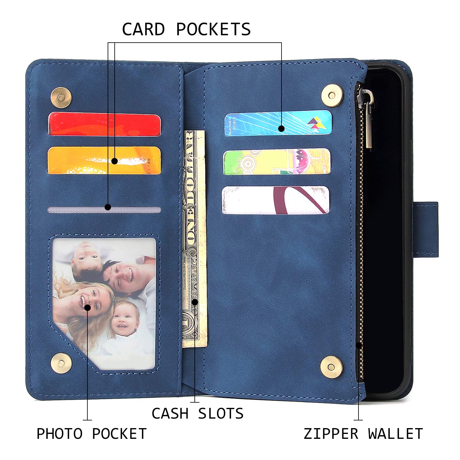 UEEBAI PU Leather Wallet Case for iPhone 12/iPhone 12 Pro - Magnetic Closure, Zipper Pocket, Kickstand & Card Slots with Hand Strap | Stylish Flip Phone Case for Women (Blue) - Perfect for Daily Use, Travel & Shopping