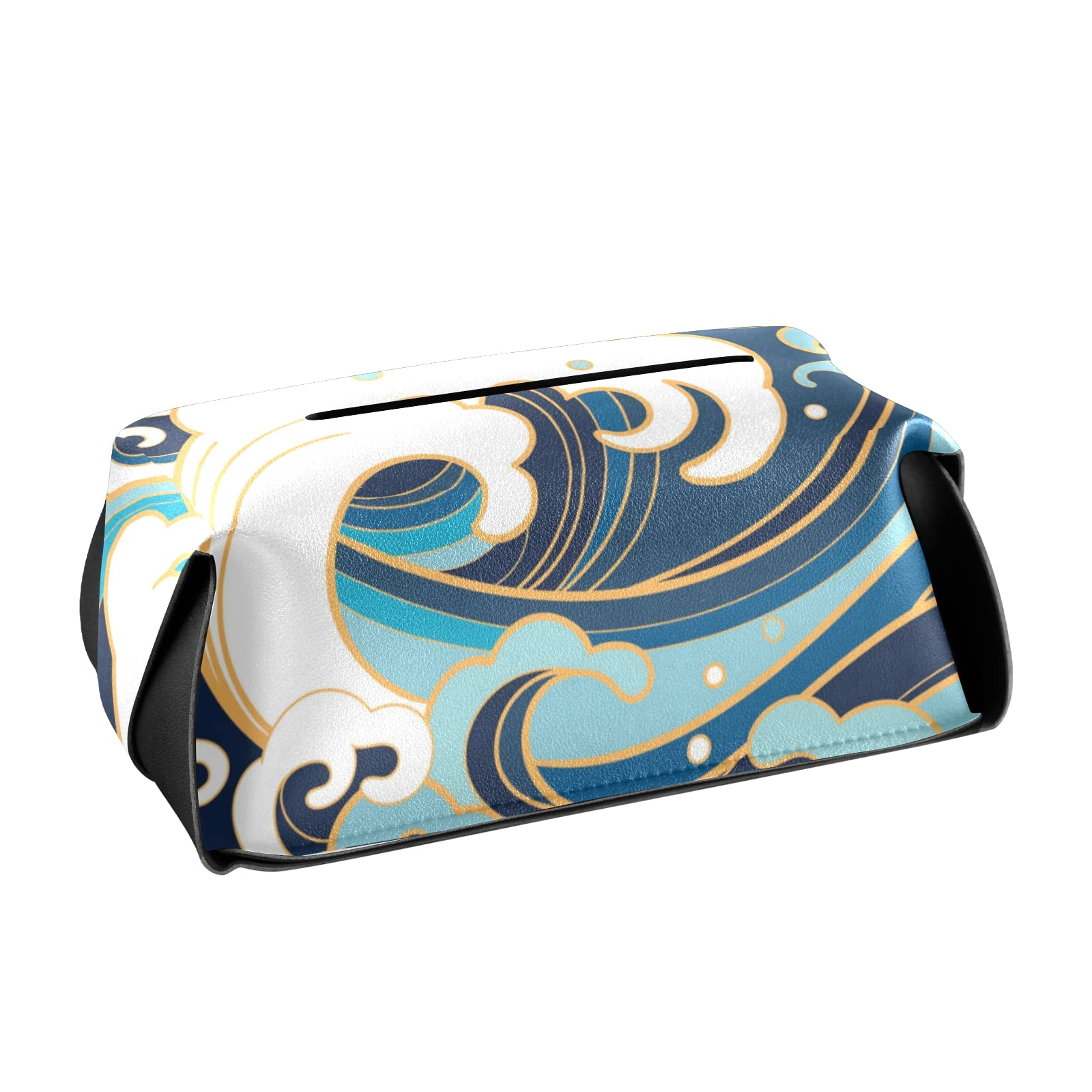 Japanese Traditional Blue White Wave Pattern Leather Tissue Box Cover - 5.7x5.7x5.7 Inch Rectangular Design with Handle for Bathroom, Home, Office & Car | Perfect for Nightstands, Vanity Countertops and Desk Decor