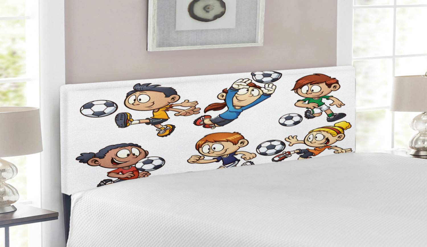 Ambesonne Soccer Themed Headboard - Cartoon Football Playing Moments, Upholstered Metal Bed Headboard with Memory Foam, Queen Size, Multicolor - Perfect for Kids' Bedroom, Sports Theme Decor & Soccer Fans' Room