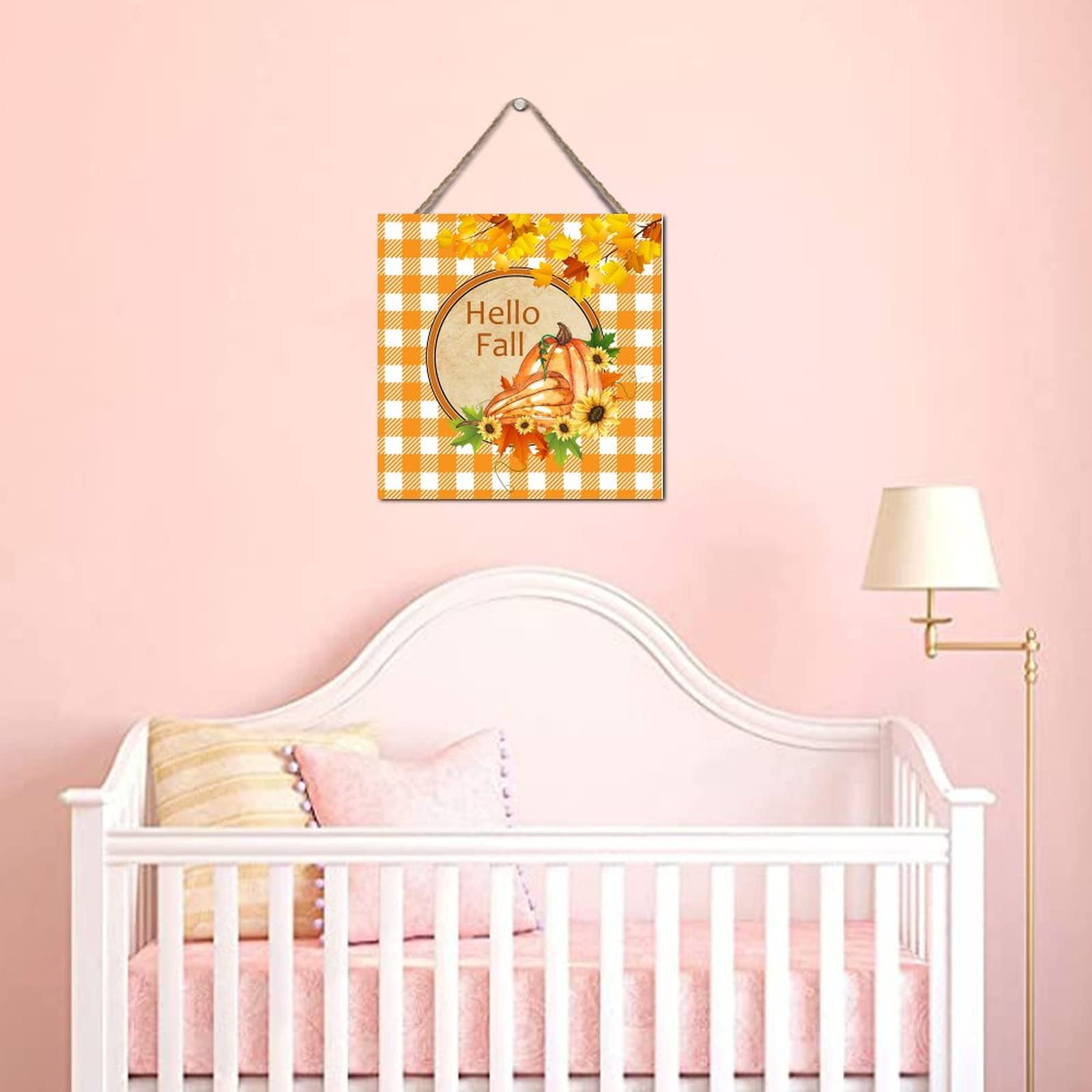 Farmhouse Wood Wall Sign - 12x12in Hello Fall Decor with Pumpkin & Sunflowers, Orange & White Buffalo Check Plaid - Thanksgiving, Autumn, Halloween Hanging Sign for Bedroom, Living Room, Porch, and Seasonal Home Decor