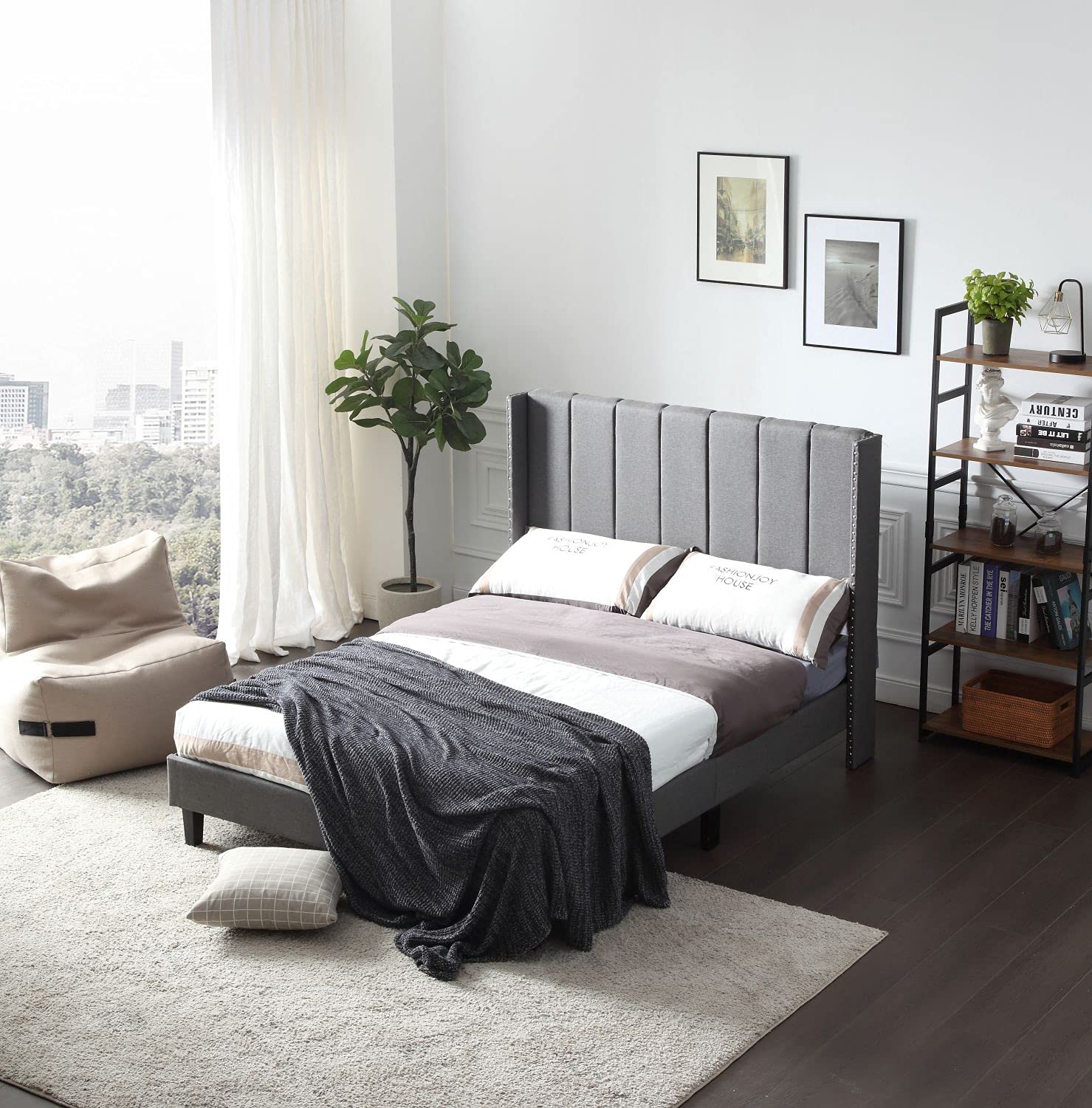 Modern Upholstered Full Size Bed Frame with Headboard - Wood Slat Support Faux Leather Platform Bed - No Box Spring Needed - Easy Assembly (Grey) - Perfect for Guest Rooms, Dorms & Small Apartments
