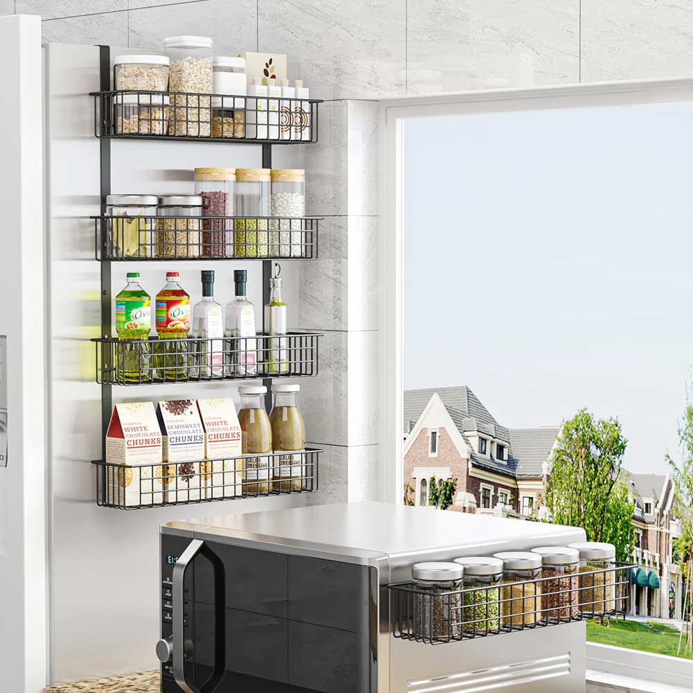 4 Tier Magnetic Spice Rack Organizer - Strong Refrigerator Spice Shelf with Utility Hooks for Kitchen Storage - Holds Seasoning Bottles, Plastic Wraps & Garbage Bags - Perfect for Pantry, Fridge & Small Space Organization (Black)
