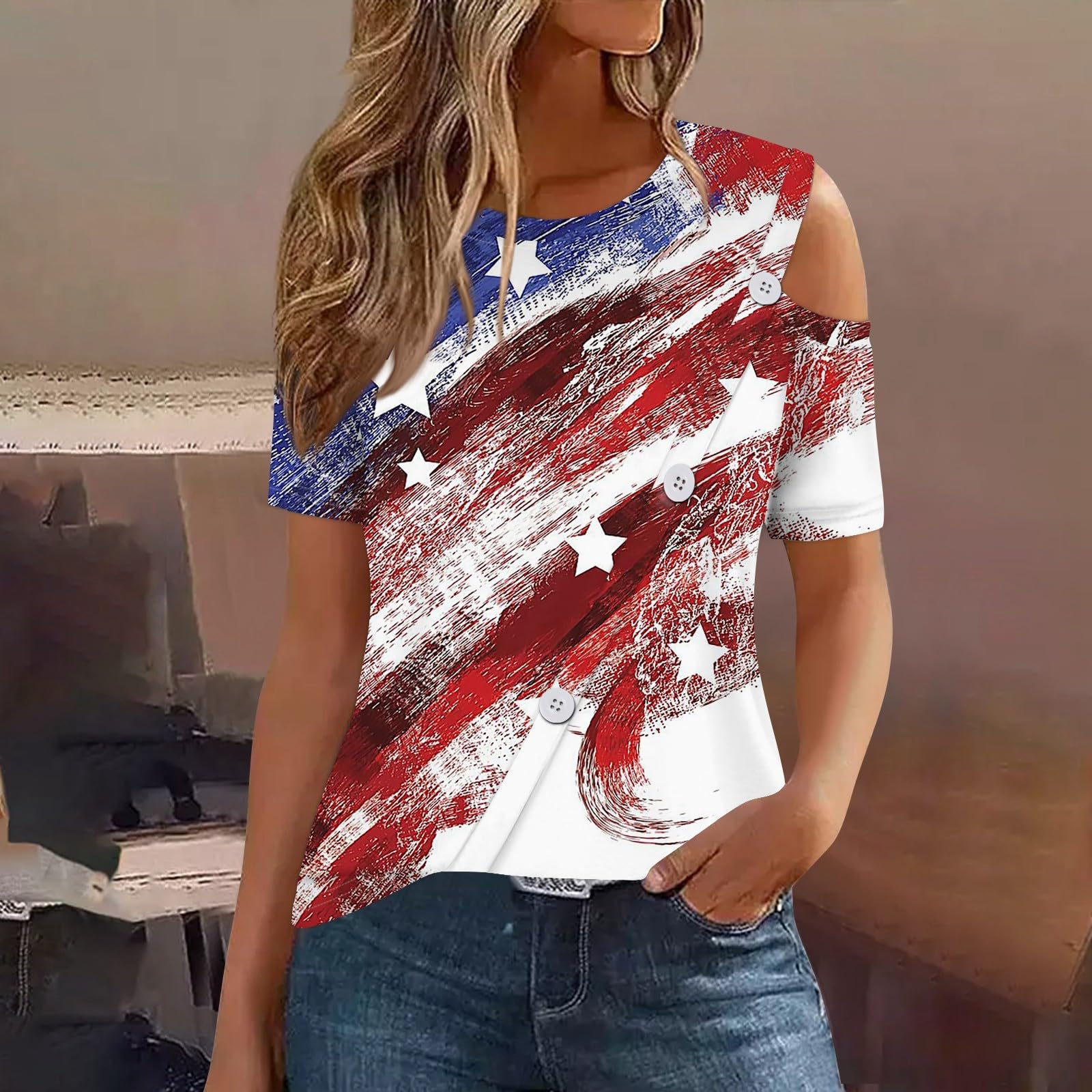 Women's Cold Shoulder Tops - Summer Short Sleeve Striped Star Graphic Tunic Blouse for 4th of July | Beige Casual Shirt for Beach Outings & Patriotic Celebrations