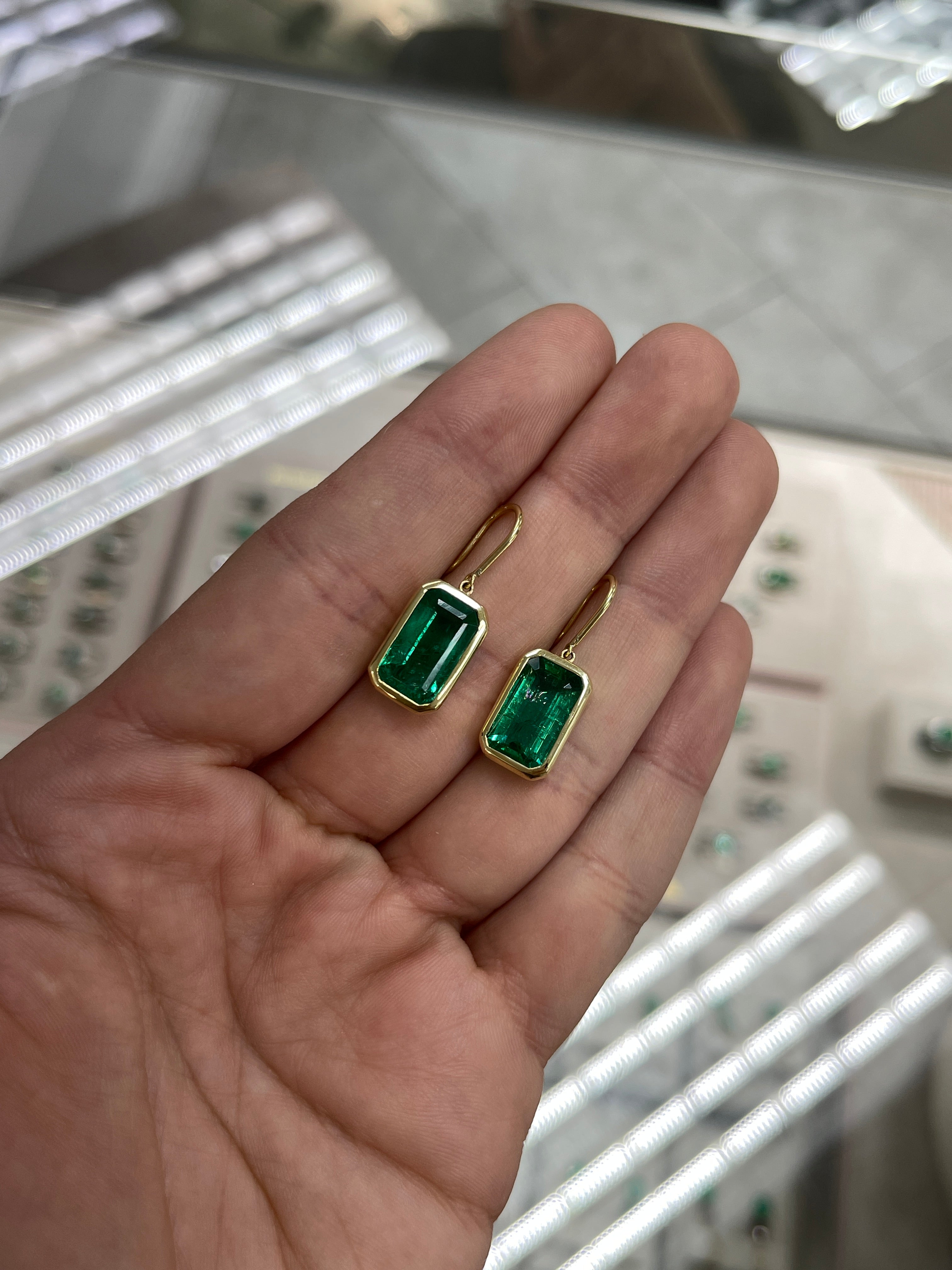 7.90tcw Deep Green Natural Emerald Bezel Set Drop & Dangle Hook Earrings in 18K Gold - Elegant Jewelry for Weddings, Parties & Special Occasions