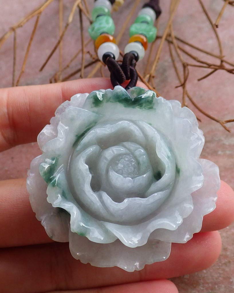 Gojade Certified Green 100% Natural Jadeite Pendant - Rose Flower Necklace with 'Flourishing Wealth' Design (494577 GS) | Elegant Gift for Women, Perfect for Weddings & Special Occasions