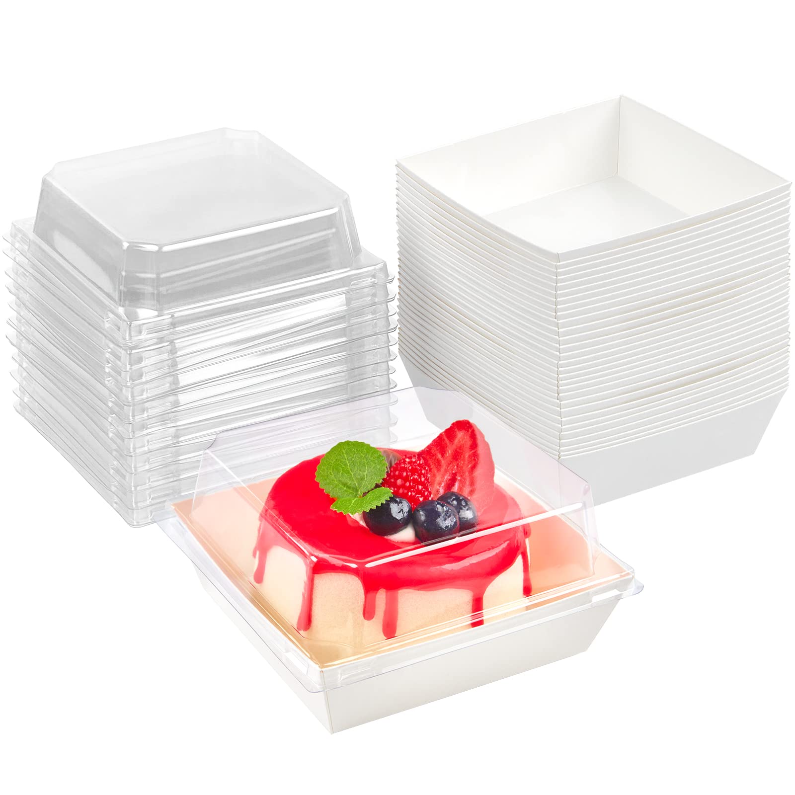 50 Pack Small Charcuterie Boxes with Clear Lids - 4 Inch Disposable Bakery Dessert Boxes for Cookies, Cake Slices, Mini Cakes, Chocolates & Strawberries | Perfect for Party Favors, Wedding Treats, Gift Packaging & Takeout Food Containers (White)