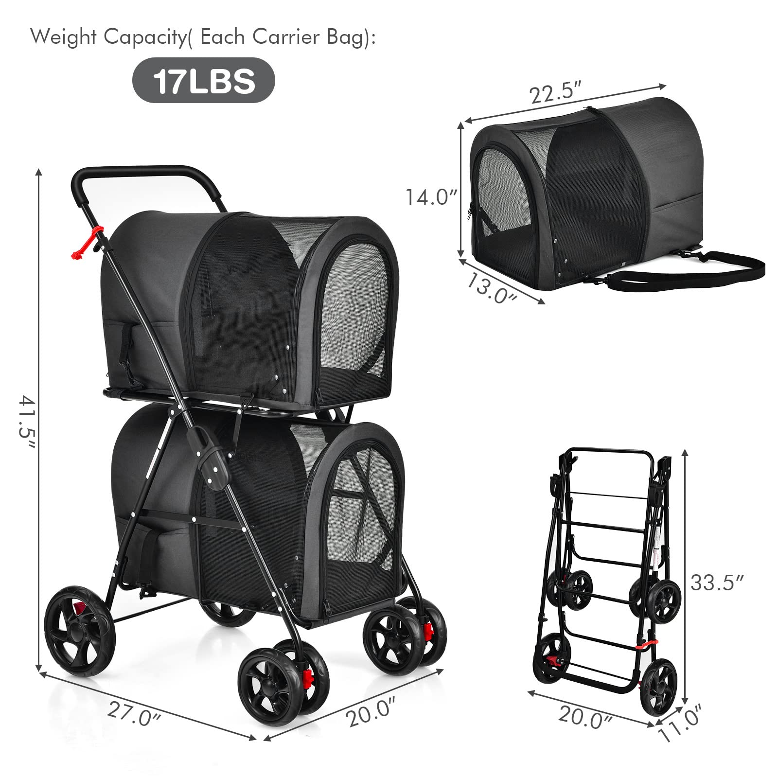 Giantex Double Pet Stroller for Small Medium Dogs & Cats - 2 Detachable Carrier Bags, Safety Belt, 4 Lockable Wheels - Folding Travel Carrier for Puppies & Kittens (Black) | Perfect for Park Walks, Vet Visits & Outdoor Adventures