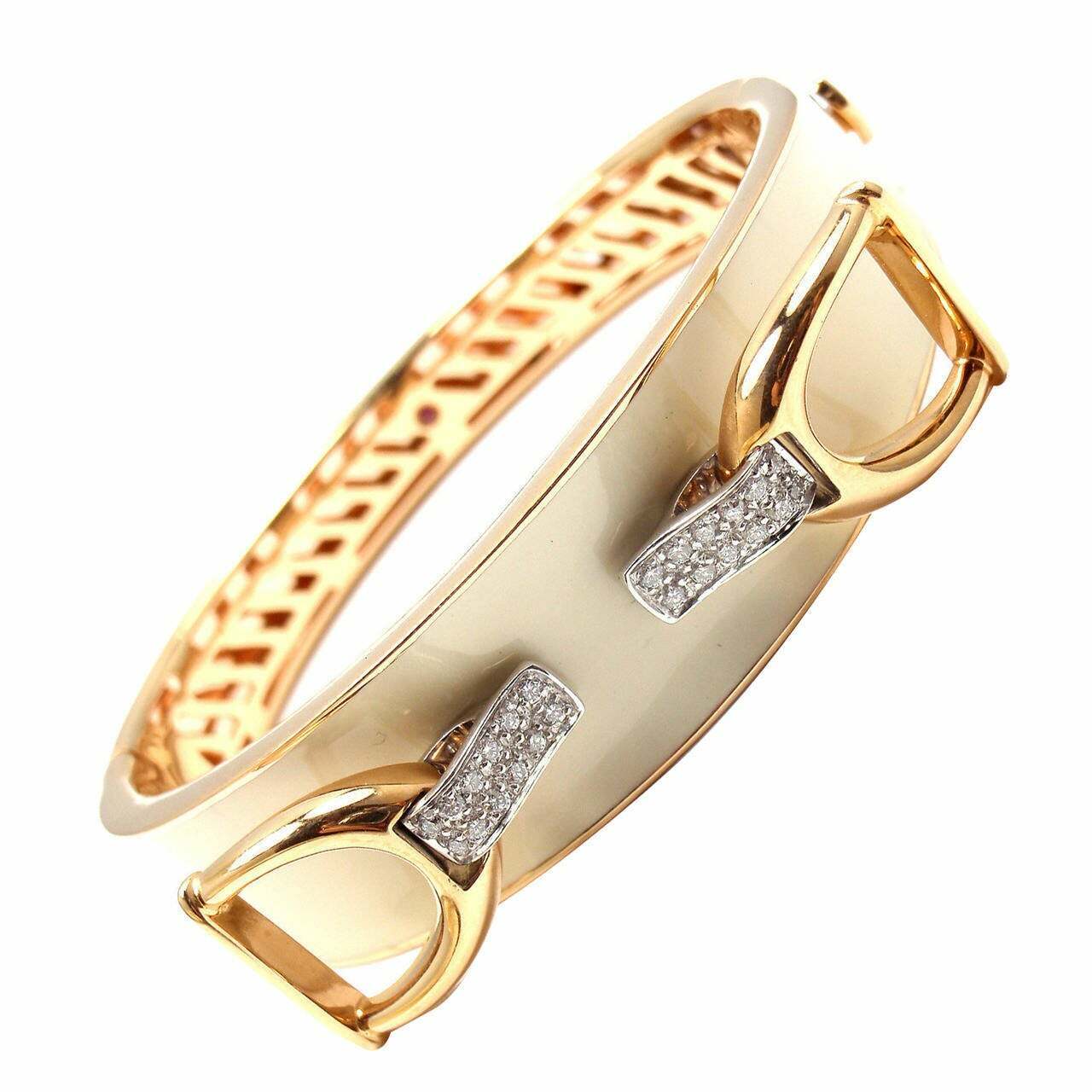 Authentic Roberto Coin Cheval Stirrup 18k Gold Diamond Enamel Bangle Bracelet for Women - Luxury Italian Jewelry Gift for Anniversary, Birthday & Special Occasions