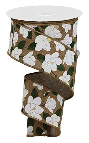 Magnolia Flower Wired Edge Ribbon - 10 Yards, 2.5 Inch Width, Tan Color - Perfect for Gift Wrapping, Floral Arrangements, Wedding Decorations and DIY Crafts