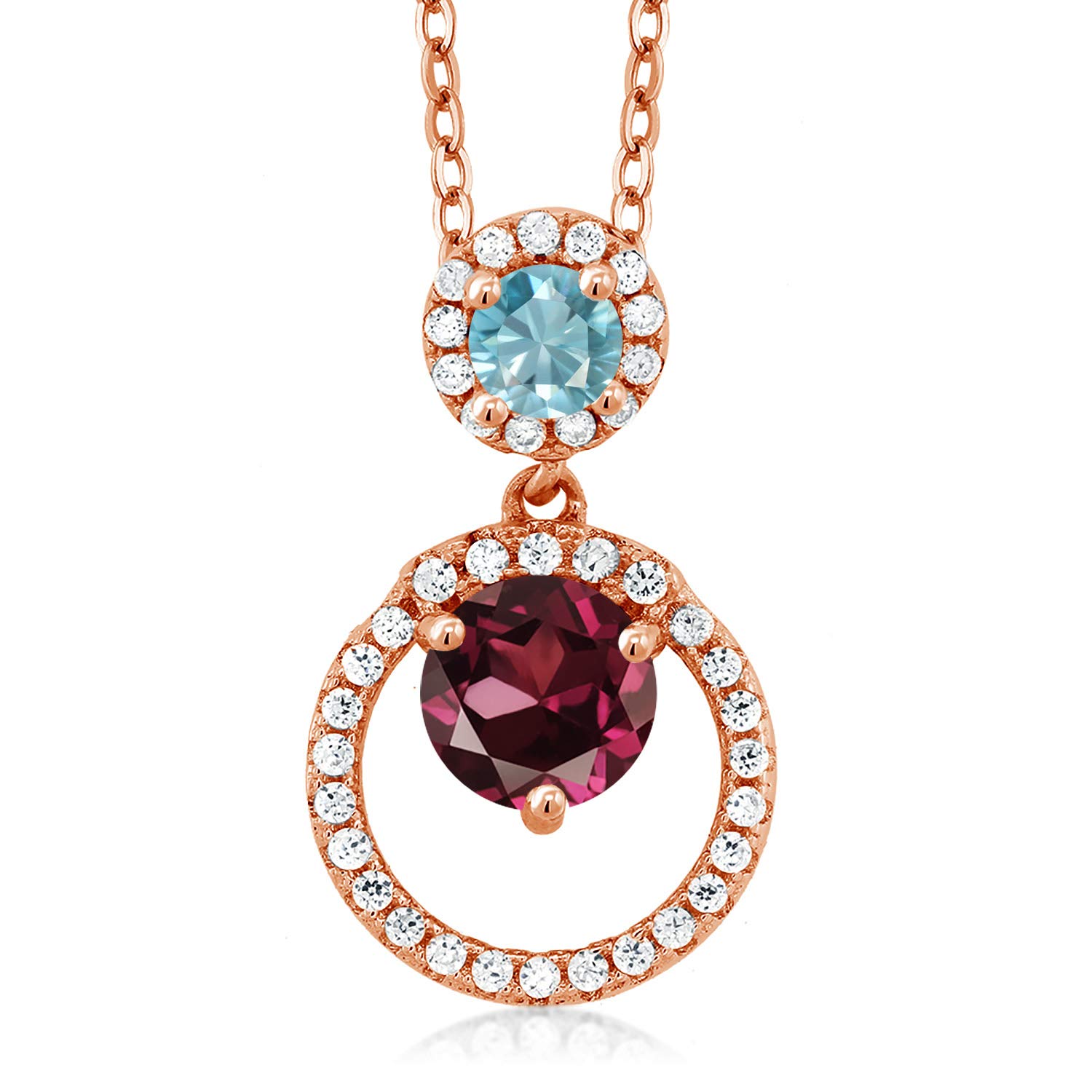 2.10 Ct Red Rhodolite Garnet & Blue Zircon 18K Rose Gold Plated Silver Pendant Necklace - Elegant Gemstone Jewelry for Women, Perfect for Valentine's Day Gifts, Anniversary & Special Occasions