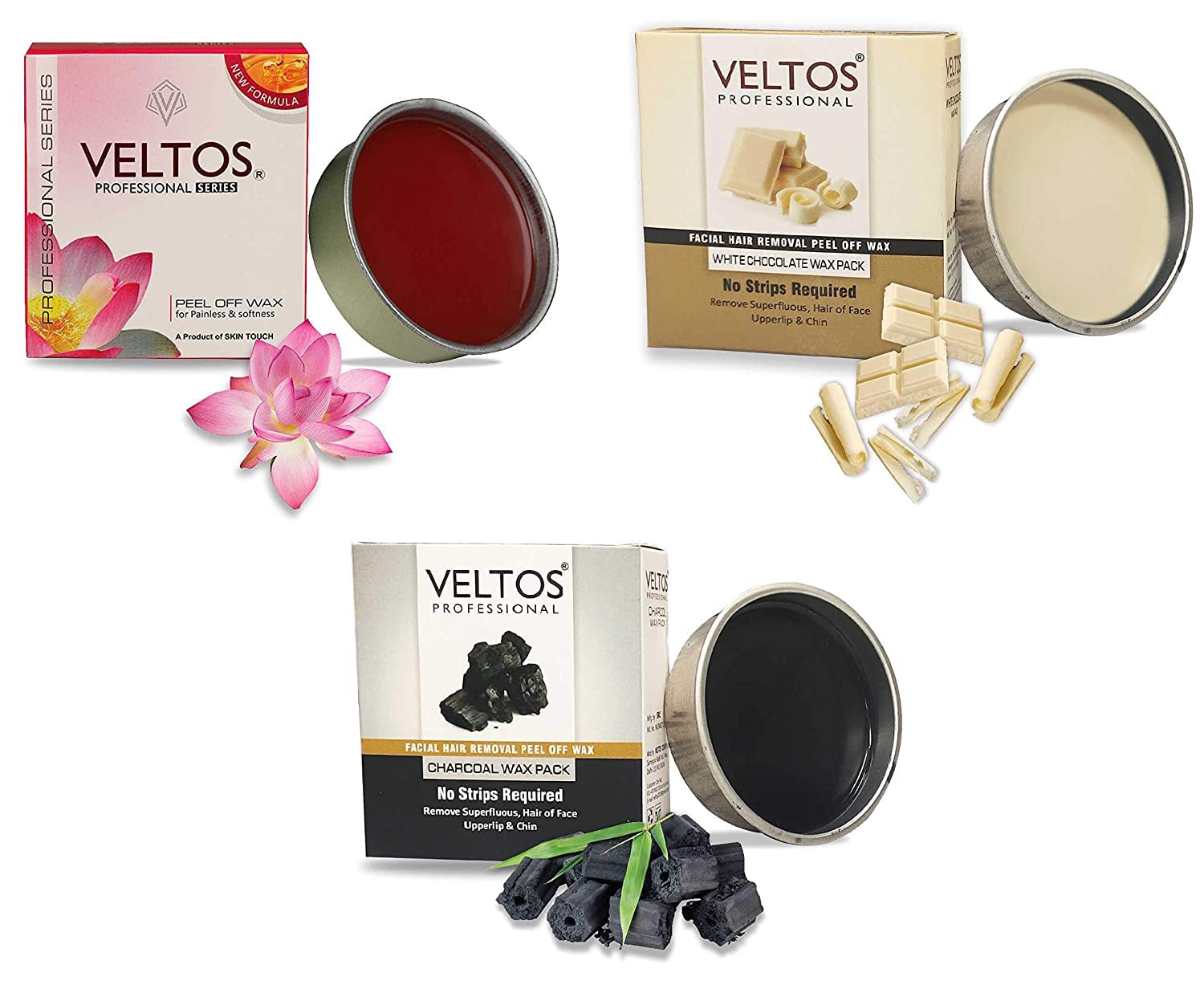 Veltos Women's Facial Peel Off Wax Kit - 3 Pack (Red Wine, White Chocolate, Charcoal) 80G Each - Easy At-Home Facial Hair Removal Wax Strips for Smooth Skin - Perfect for Eyebrows, Upper Lip & Sideburns