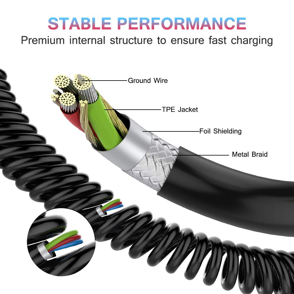 2-Pack 4ft Coiled USB C Fast Charging Cable for Car - Spring USB Type C Charger Compatible with Samsung Galaxy S10/S9/S8/Note 8/9, LG G7/G6/G5, Google Pixel 2 - Durable & Tangle-Free (Black) - Perfect for Road Trips & Daily Commuting