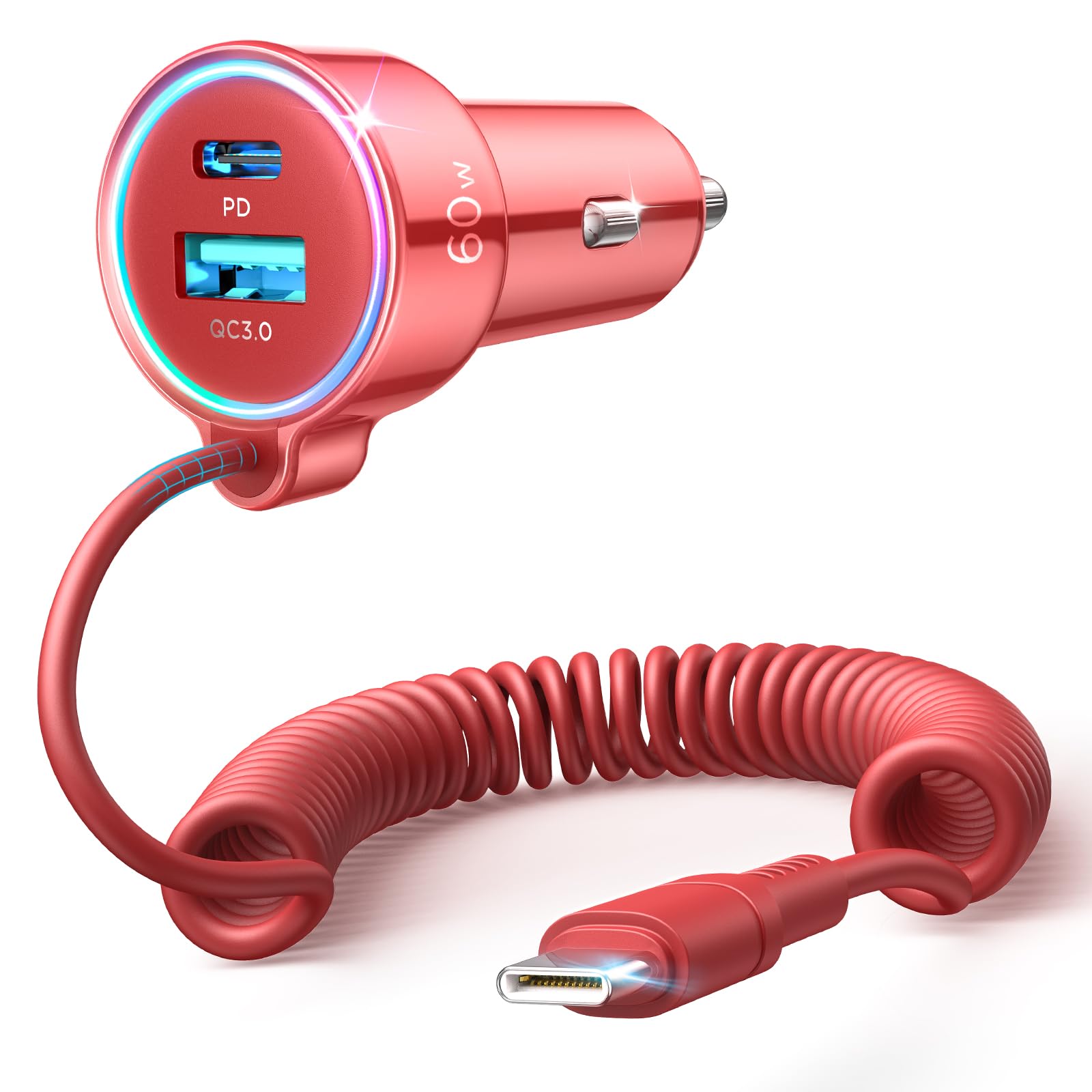 60W USB C Car Charger with PD & QC3.0 Fast Charging - Includes 5ft 30W Type C Coiled Cable - Compatible with iPhone 15 Pro Max/Plus, Samsung Galaxy S24/S23/S22, Google Pixel, Moto, LG & Android Devices - Perfect for Road Trips & Daily Commutes