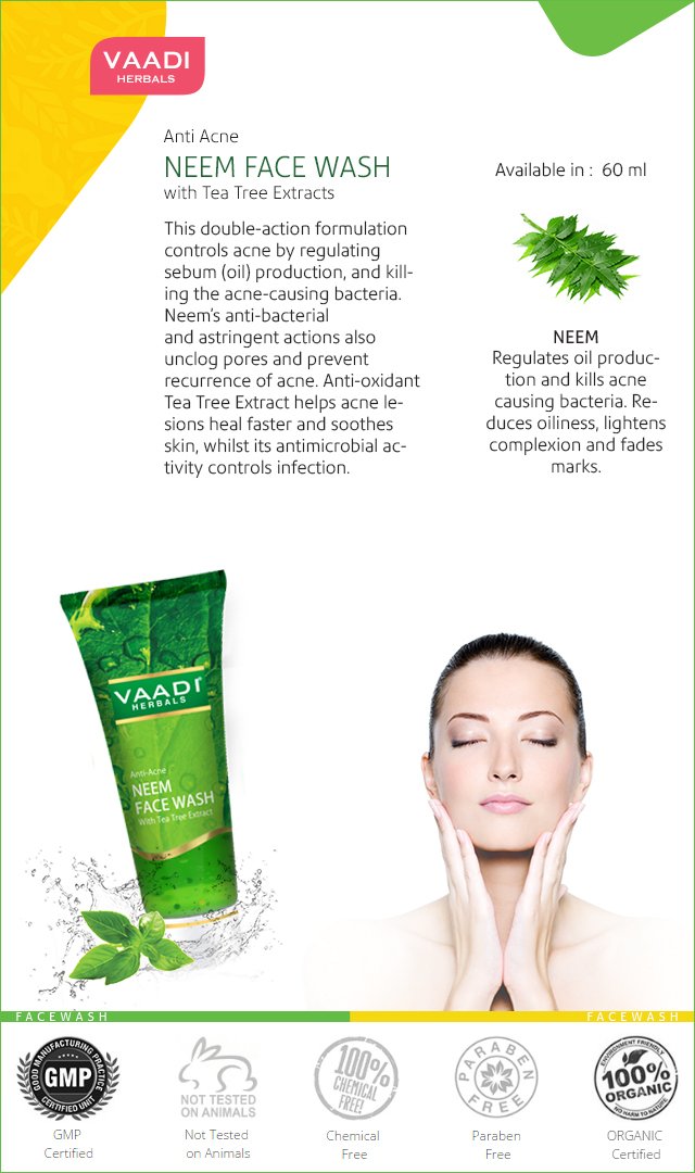Vaadi Herbals Anti Acne Neem Face Wash with Tea Tree Extract - Value Pack of 4 x 60ml | Gentle Cleansing for Oily & Acne-Prone Skin | Daily Skincare Routine for Clear Complexion