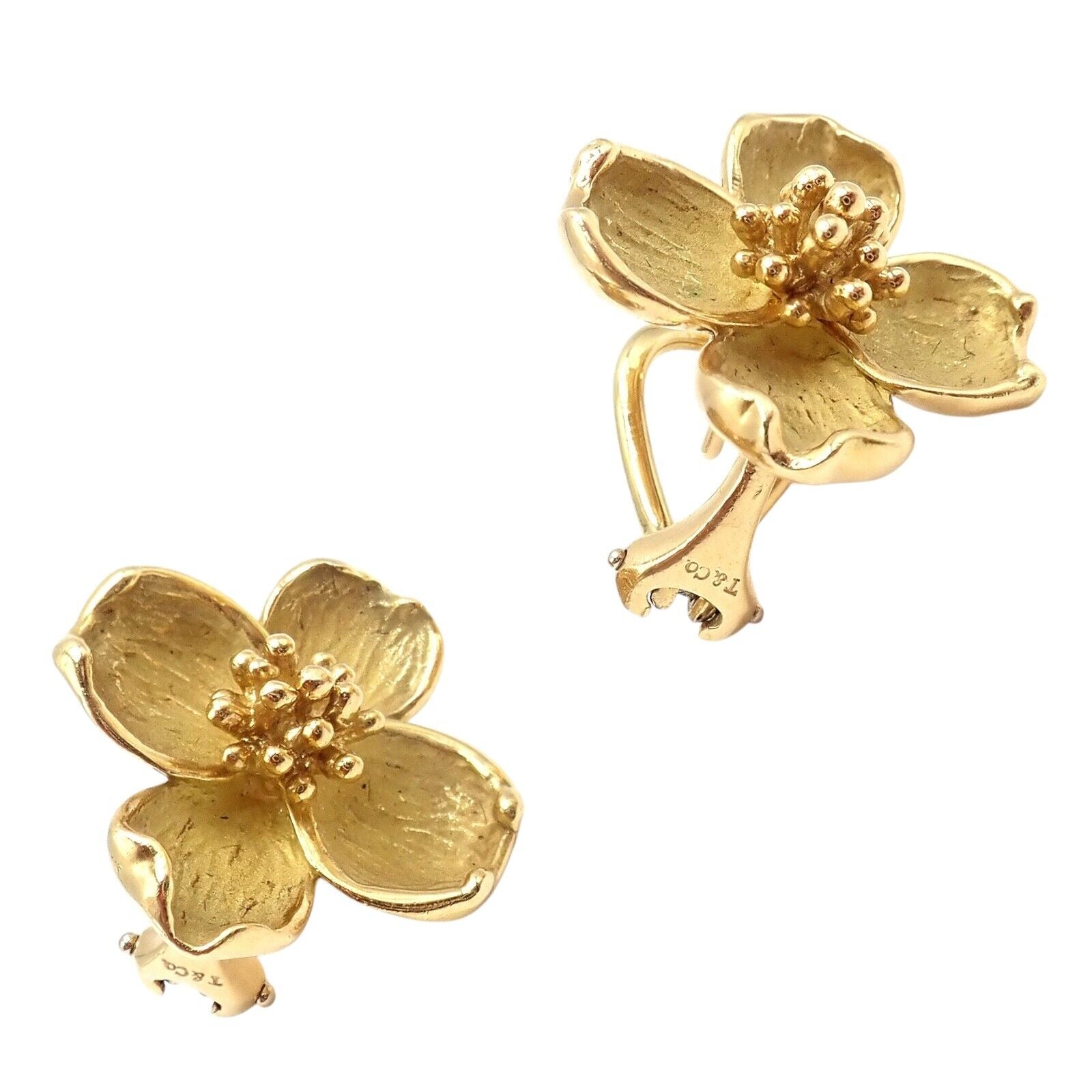 Authentic Vintage Tiffany & Co 18K Yellow Gold Dogwood Flower Earrings - Elegant Jewelry for Women, Perfect Gift for Anniversary, Wedding & Special Occasions