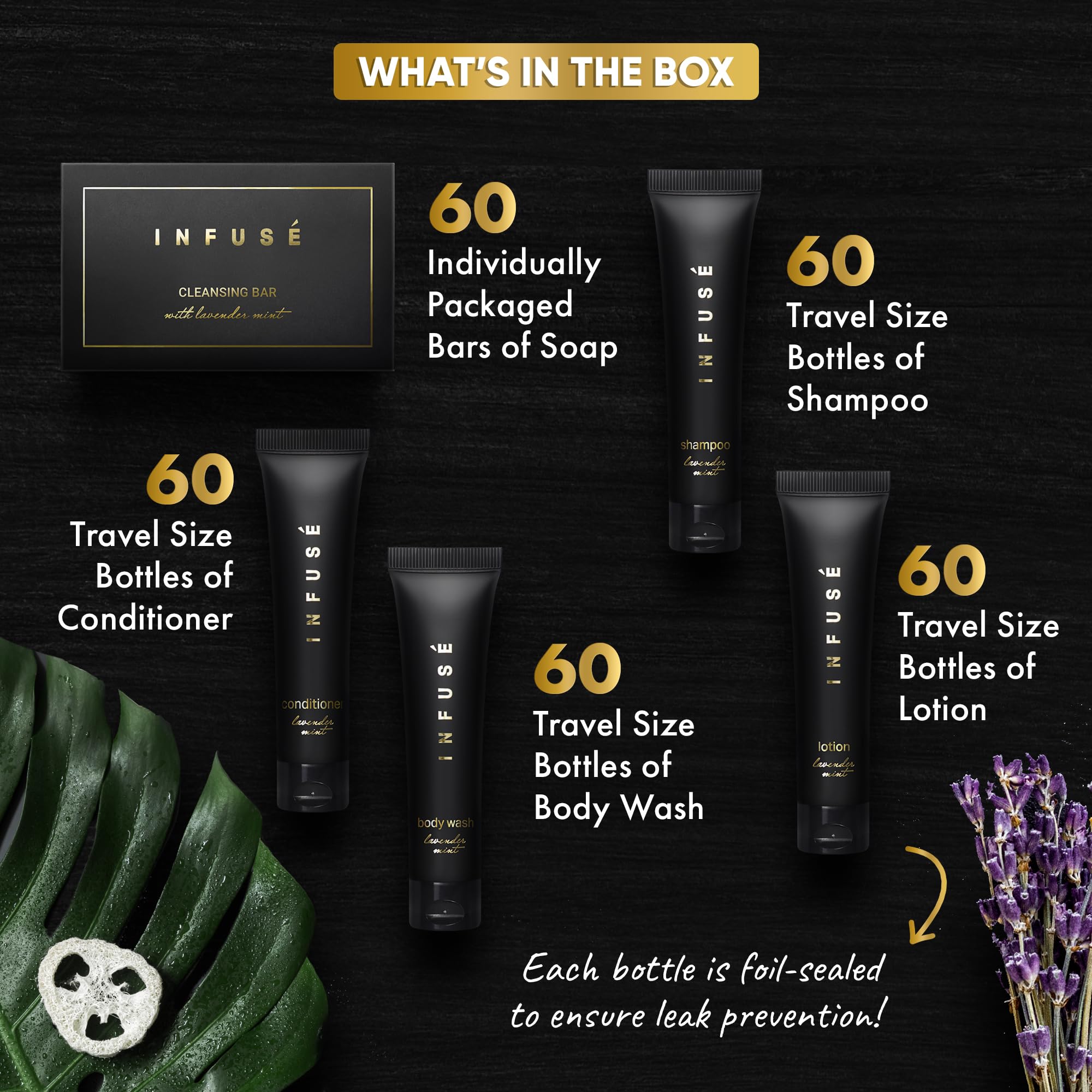 Infuse Black Hotel Soaps and Toiletries Bulk Set - 300 Pieces All-In-One Amenities Kit for Hotels & Airbnb | Includes Travel-Size 1 oz Shampoo, Conditioner, Body Wash, Lotion & 1.25 oz Cleansing Bar | Perfect for Hospitality Industry, Guest Bathrooms, and Luxury Accommodations