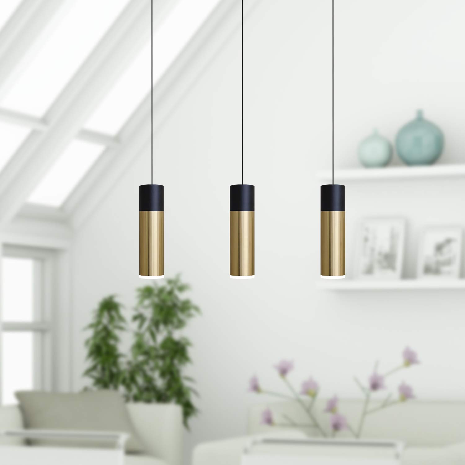 Vela 3 Mini Pendant Lighting Black-Brass - LED Hanging Light Fixture for Kitchen Island, Bar, Foyer - Cluster Pendants - Dimmable, Adjustable Wire, Lamp Bulb Included - Perfect for Modern Dining Room, Bedroom, or Office Lighting Decor
