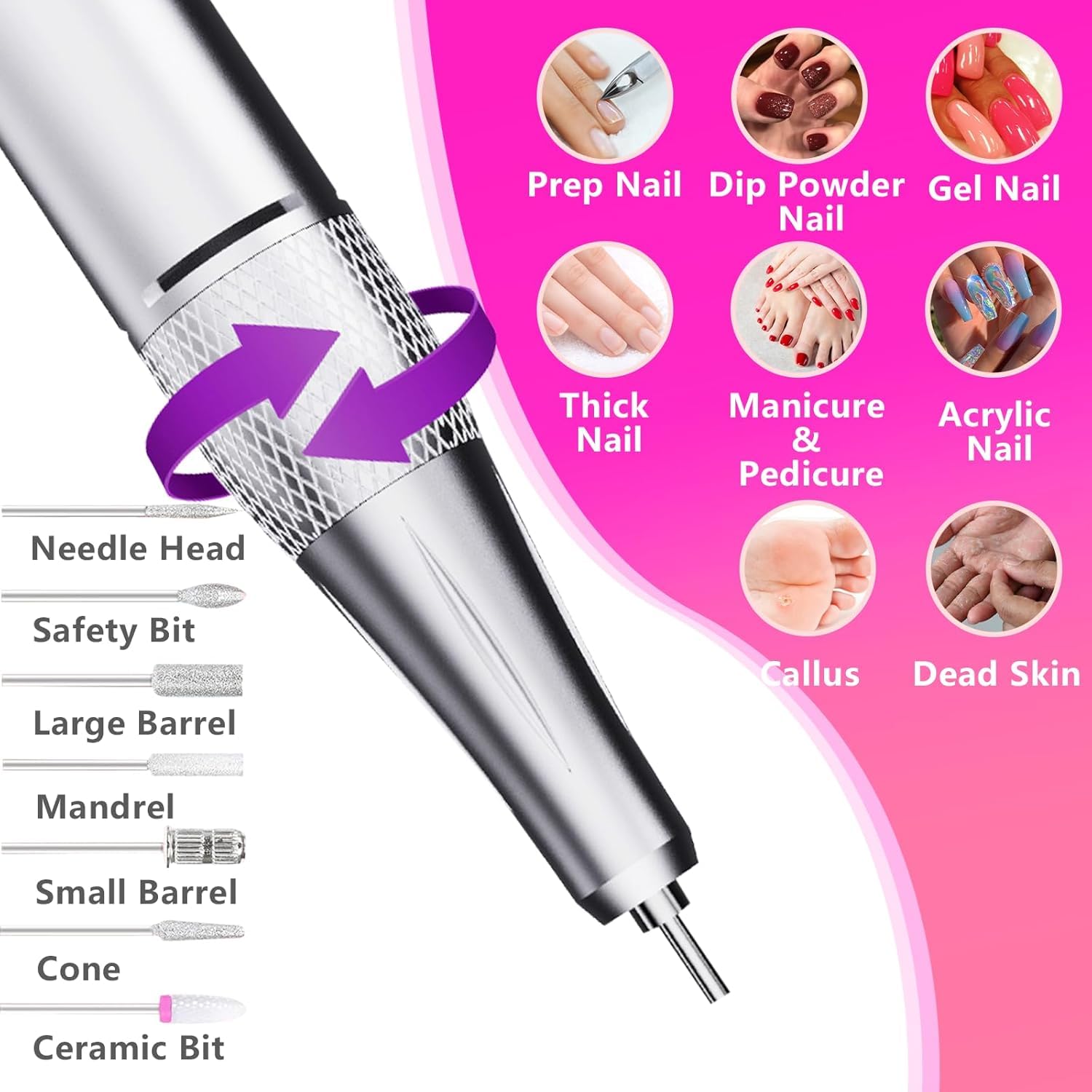 Professional Portable Electric Nail Drill - 35000 RPM Rechargeable Nail File Machine with Adjustable Speed & Low Noise for Acrylic, Gel & Natural Nails - Perfect for Home Manicures & Salon Use