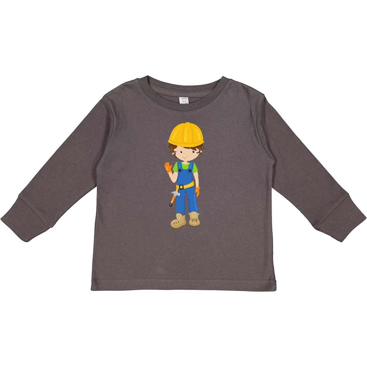 Inktastic Construction Worker Toddler Long Sleeve T-Shirt - Cute Brown Hair Boy Outfit for Playtime & Preschool Activities | Durable Kids Workwear for Pretend Play & Daycare Fun