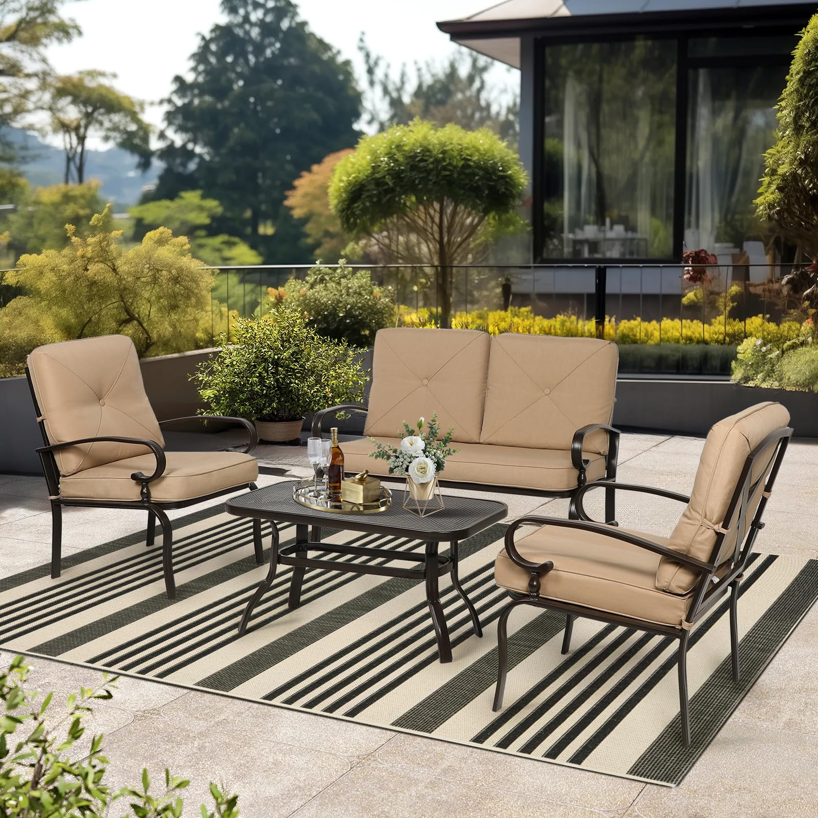 4-Piece Outdoor Metal Patio Furniture Set - Wrought Iron Loveseat, 2 Chairs & Coffee Table with Cushions - Brown Garden Conversation Set for Lawn, Porch, Backyard & Poolside Relaxation